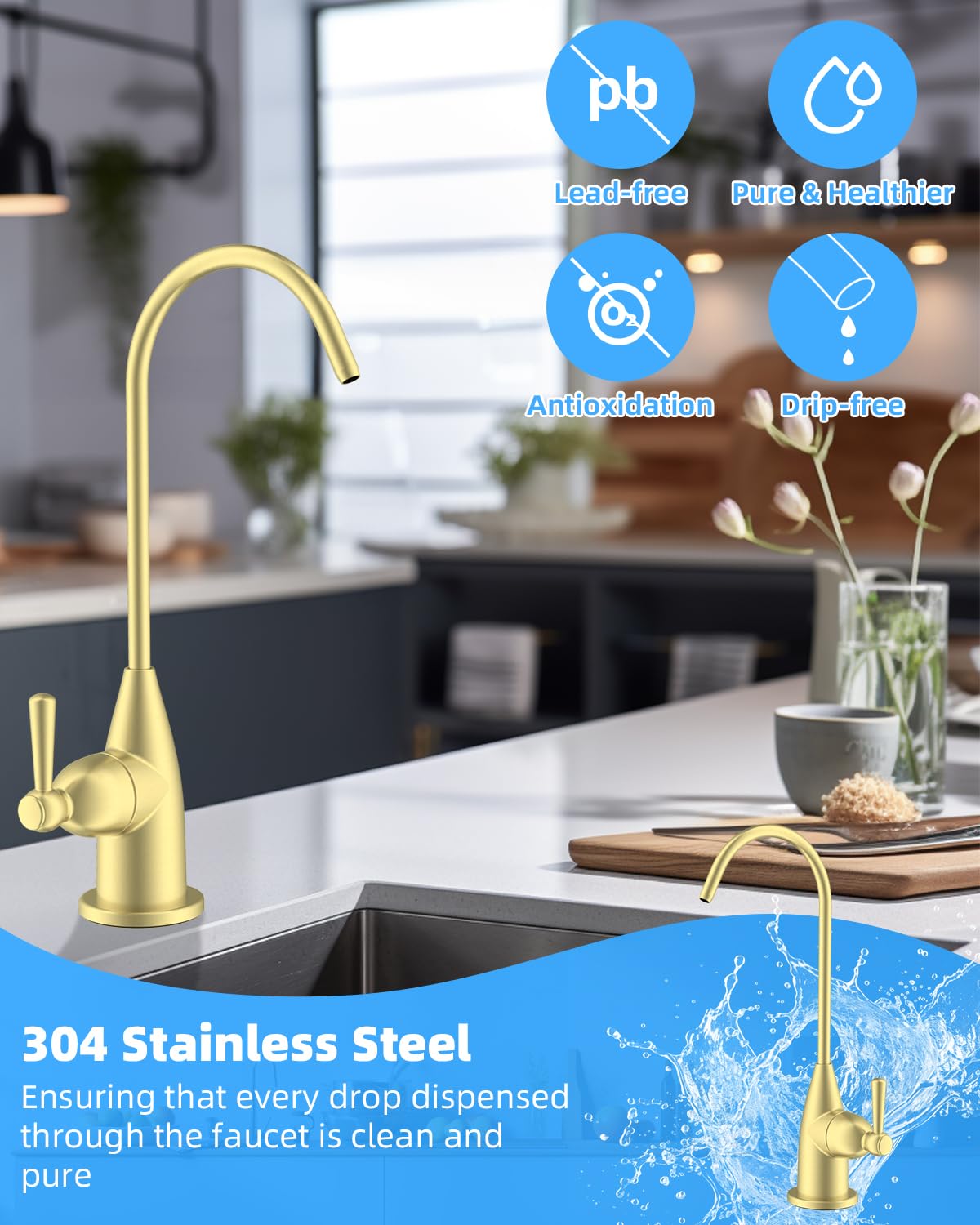 Hibbent - Grifo de agua potable para fregadero de cocina de bar, sin plomo, grifo de filtro de agua de acero inoxidable, grifo de ósmosis inversa para sistema de filtración de agua debajo del