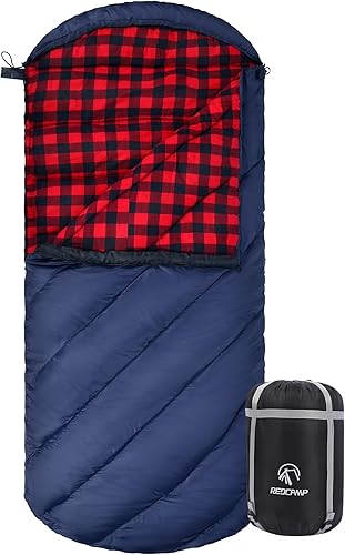 Vista 22 de REDCAMP Saco de dormir de franela para adultos, cómodos sacos de dormir de algodón para acampar con capucha desmontable, rojo/gris/azul