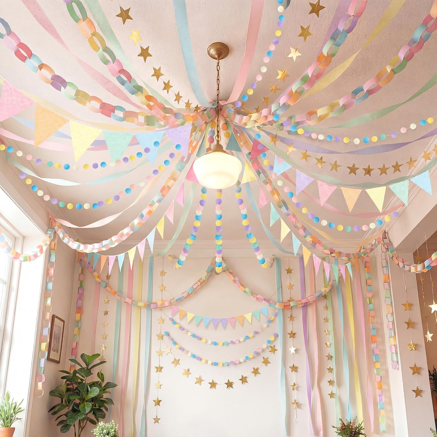 TaoBary Pastel Party Decorations 492ft Pastel Crepe Streamers 600 Sheet Paper Strips Chain Garland 65.5ft Star Hanging 32.8ft Felt Banner 39.2ft Colorful Triangle Banner Flags for Birthday Party