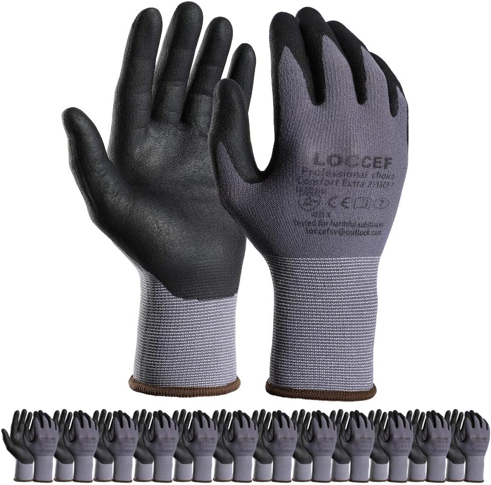 LOCCEF Safety Work Gloves MicroFoam Nitrile Coated-12 Pairs