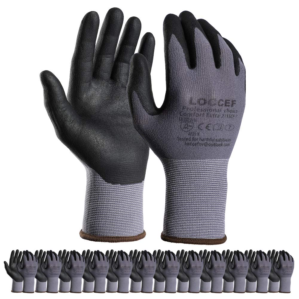 LOCCEF Safety Work Gloves MicroFoam Nitrile Coated-12 Pairs Seamless Knit Nylon Gloves Home Improvement Micro-Foam Gloves