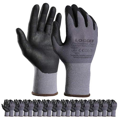 LOCCEF Safety Work Gloves MicroFoam Nitrile Coated-12 Pairs,Seamless Knit Nylon Gloves,Home Improvement,Micro-Foam Gloves