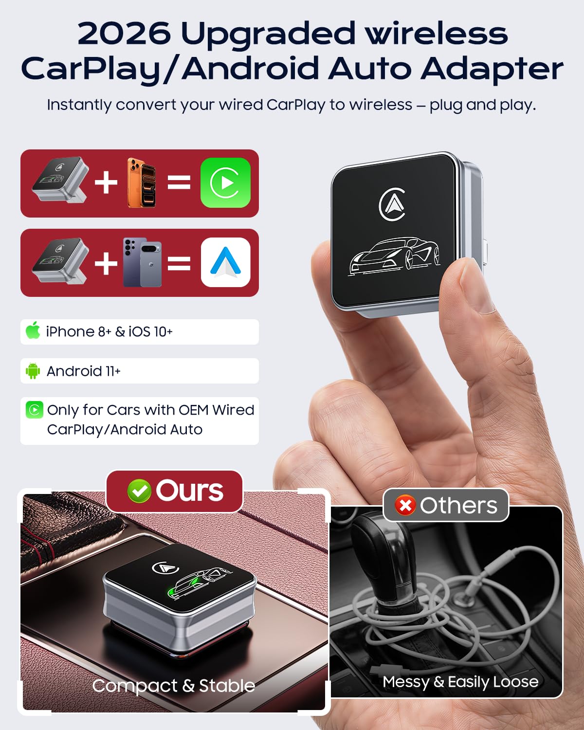 CarPlay Wireless Adapter, 2026 Upgrade entwickelt für CarPlay & Android Auto, Plug & Play, OTA-Update, Bluetooth 5.3 & Dual WiFi 6, schnell und stabil, Grau
