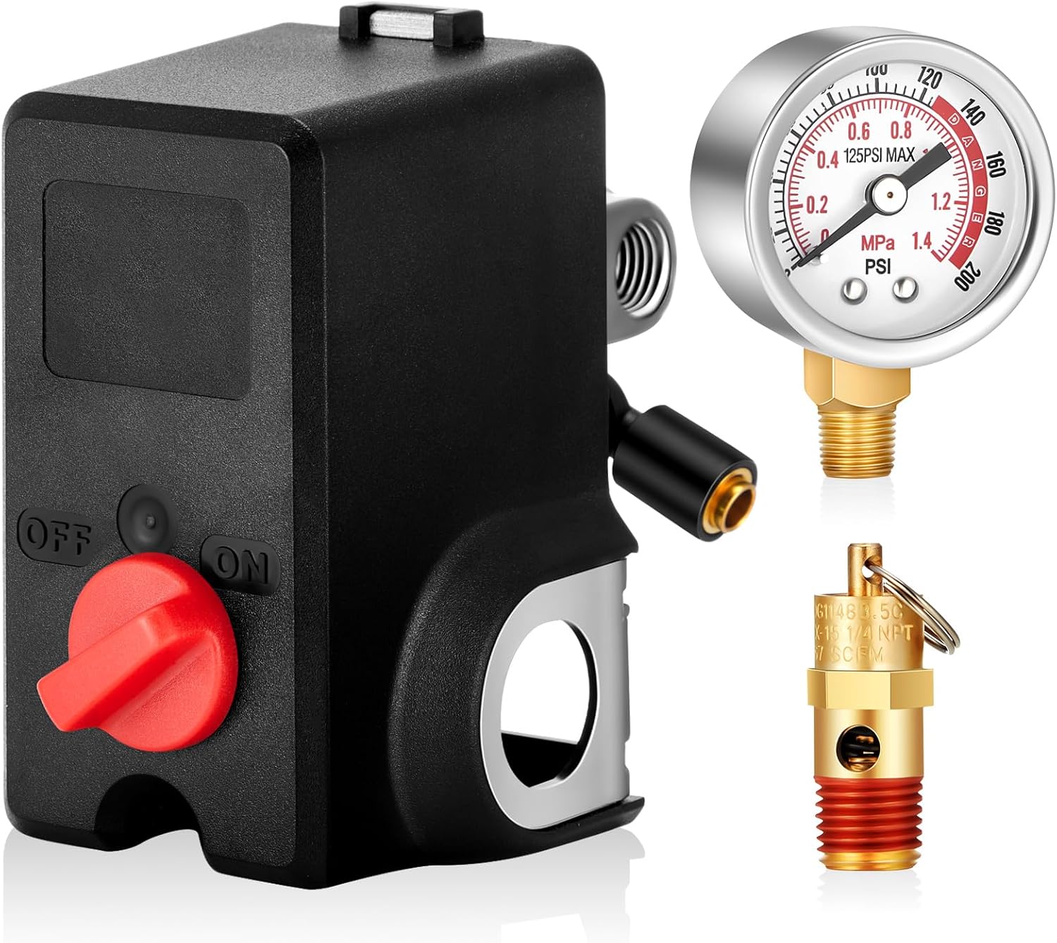 Air Compressor Pressure Switch 26 Amps 120/240 Volts 120-155 Psi with 0-200 Psi Air Gauge 1/8''NPT and Safety pressure relief Valve 1/4 Male NPT