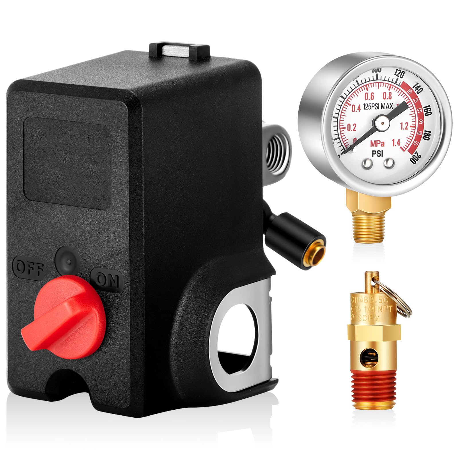 Relaxweex Air Compressor Pressure Switch 26 Amps 120/240 Volts 120-155 Psi with 0-200 Psi Air Gauge 1/8''NPT and Safety pressure relief Valve 1/4 Male