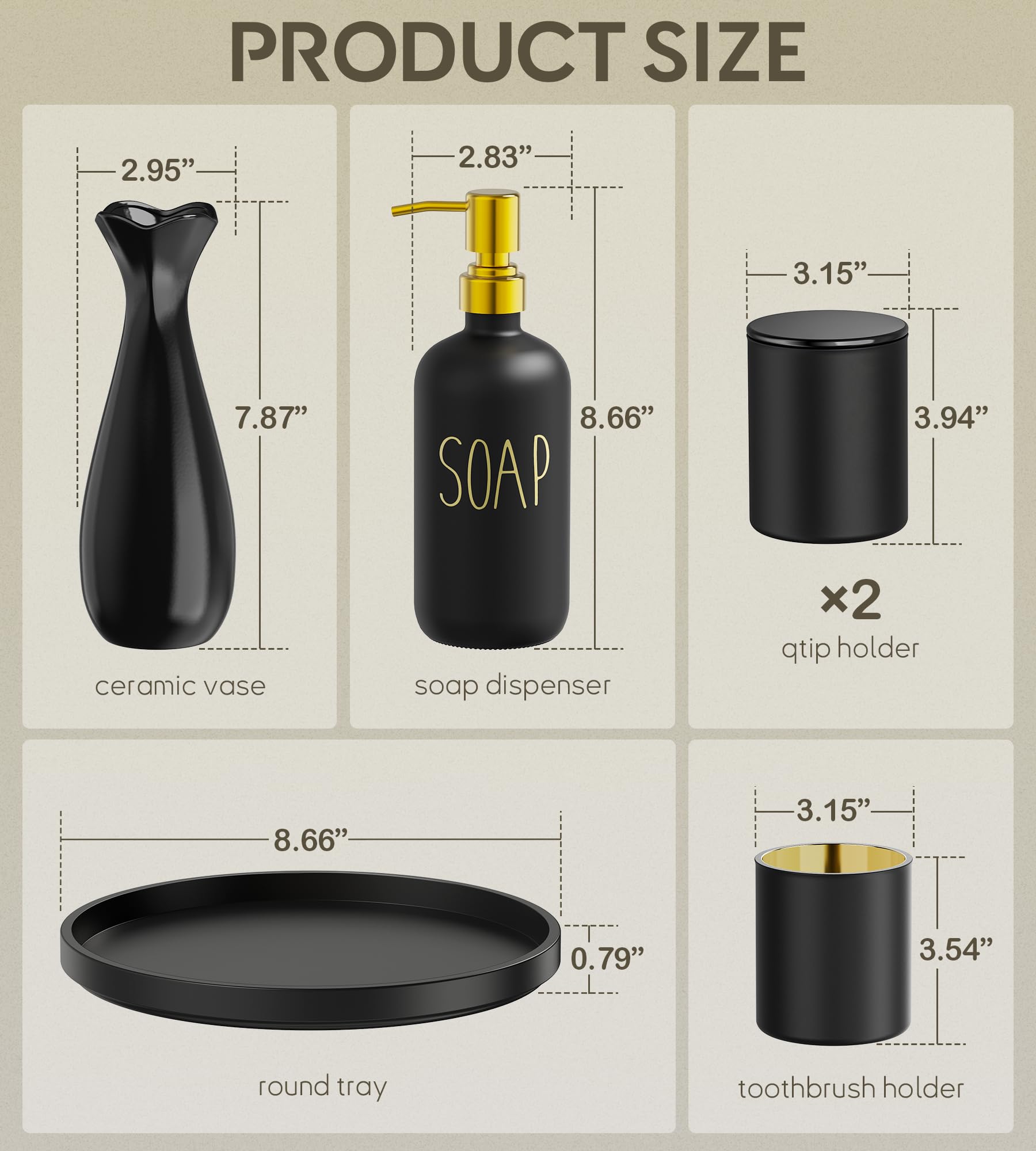 Juego de accesorios de baño negros con bandeja, 6 juegos de accesorios de baño negro mate, dispensador de jabón de vidrio y soporte para cepillo de dientes, soporte Qtip, jarrón de flores de cerámica