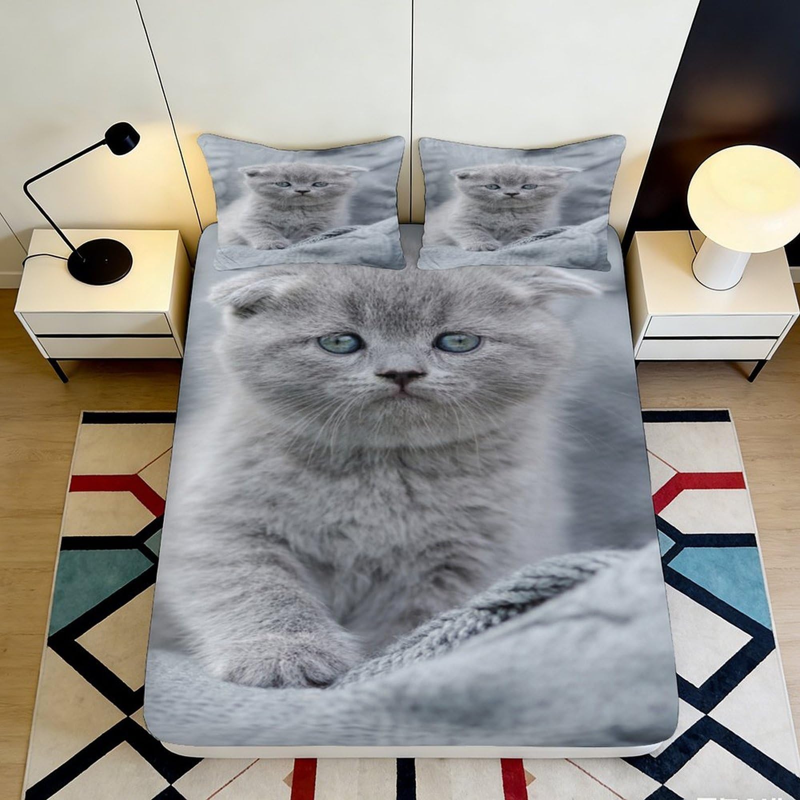 Pnayamiorkfel Style-1 3D Printed Grey Cat Fitted Sheet Microfiber Soft Bedroom Decor Kitten Mattress Cover For Home Guest Room Easy Care 90X200x25cm