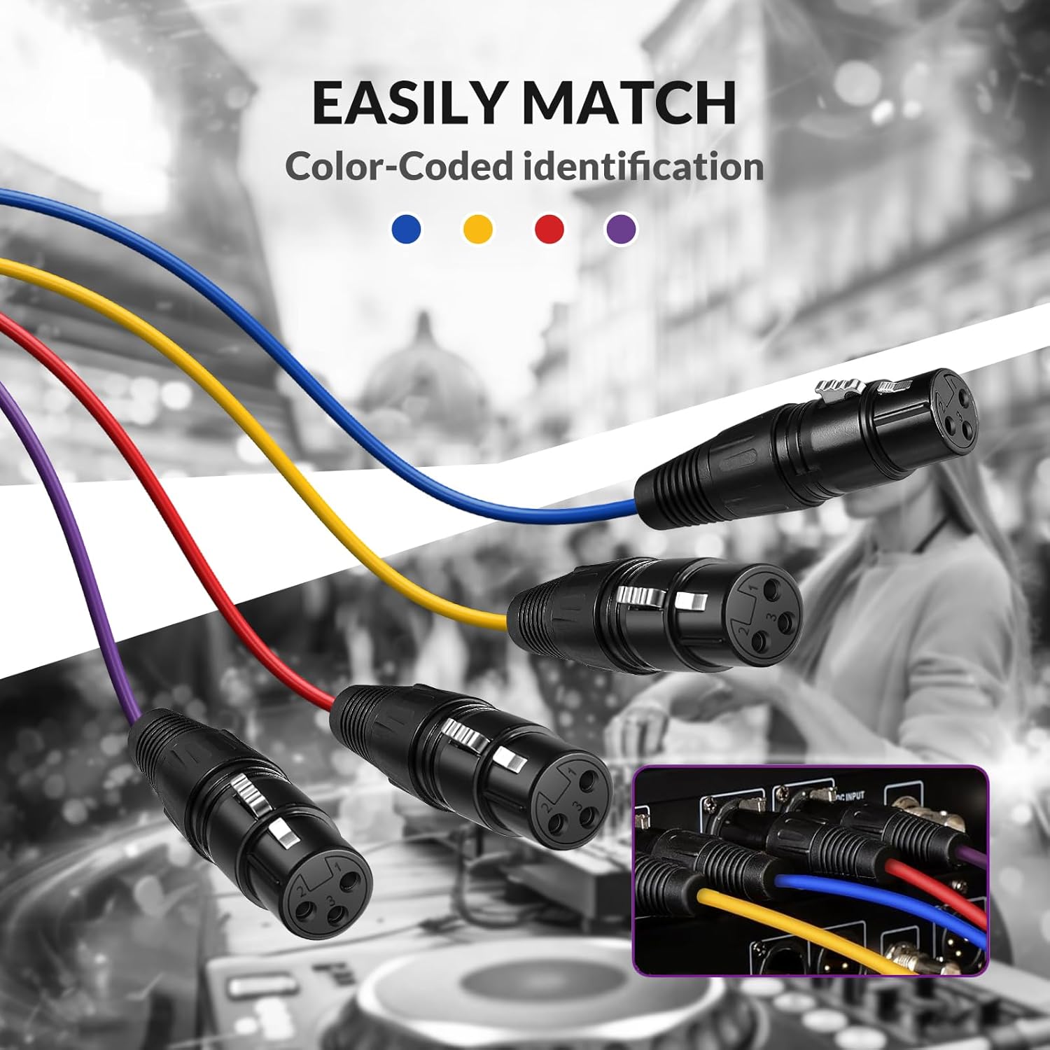 4-Channel XLR Snake Cables - 10FT, Color-Coded, XLR Male to Female Microphone Cable for Mixer, IEM, Mic System