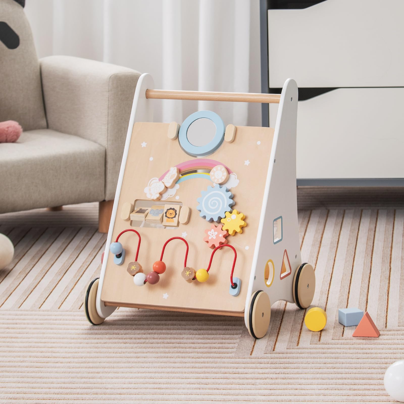 COSTWAY Andador Bebes de Madera, 7 en 1 Andador de Aprendizaje para Empujar/Jalar, Juguetes de Actividad de Madera, Desarrolla las Habilidades Motoras, Juguete para Caminar para Niños de 1+ Años