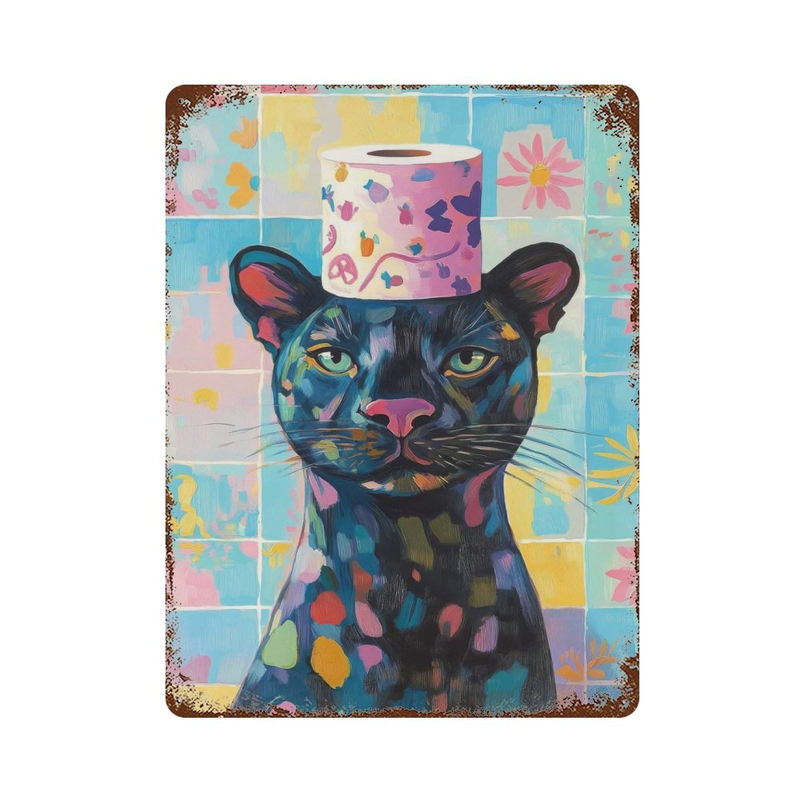 Black Panther with Toilet Paper Hat Decorative Tin Sign 15.7"x11.8", Farmhouse Wall Decor for Living Room, Hallway And Home Decor