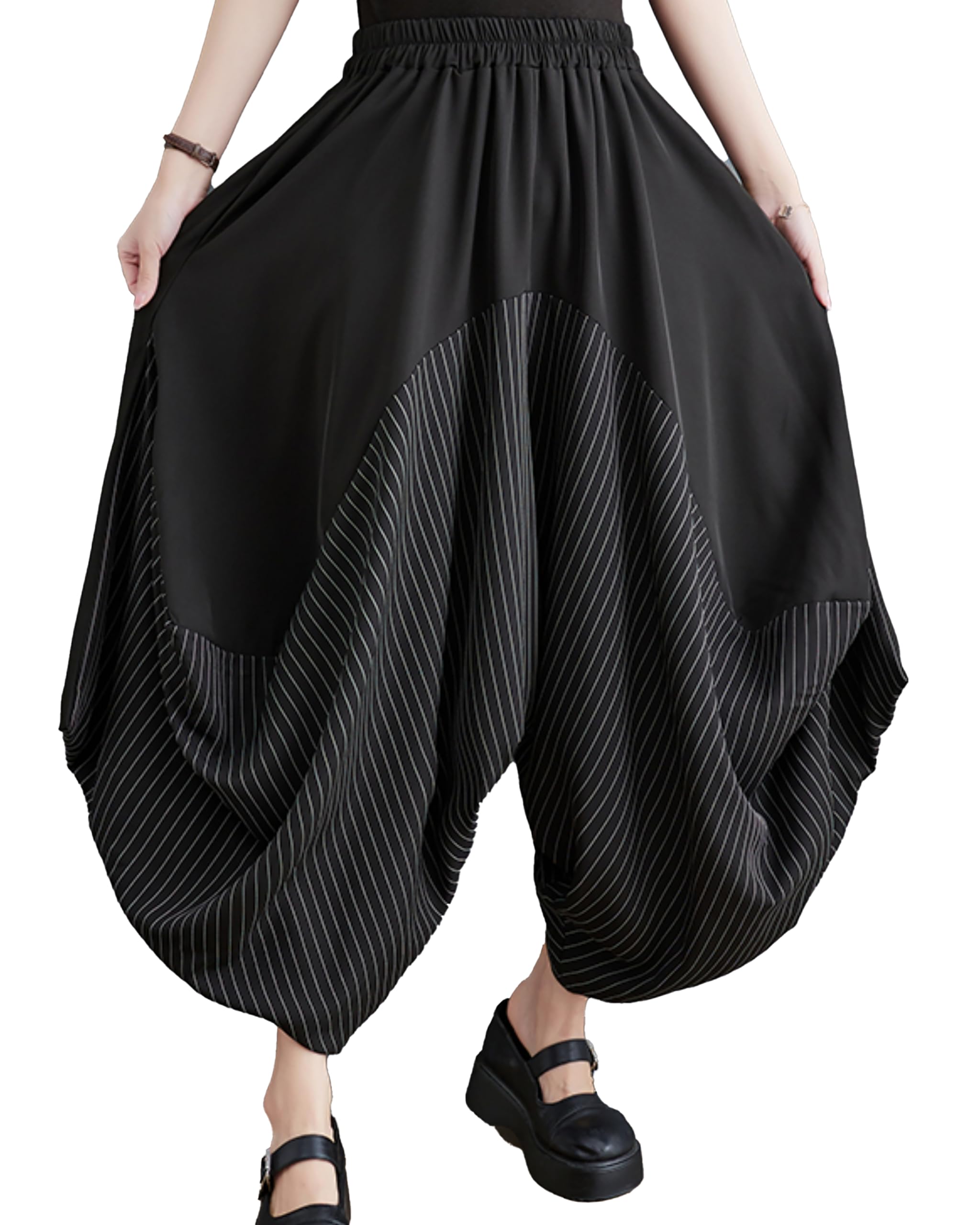 ellazhu Womens Puffy Drawstring Elastic Waist Solid Color Wide Leg Harem Pants GZ128 A