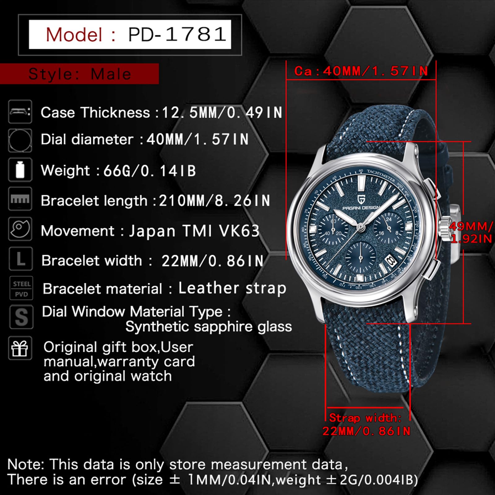 Pagani Design PD-1781 męski zegarek kwarcowy, męski chronograf, japoński mechanizm VK63, szkło szafirowe AR, skórzany pasek, wodoszczelny zegarek 100 m