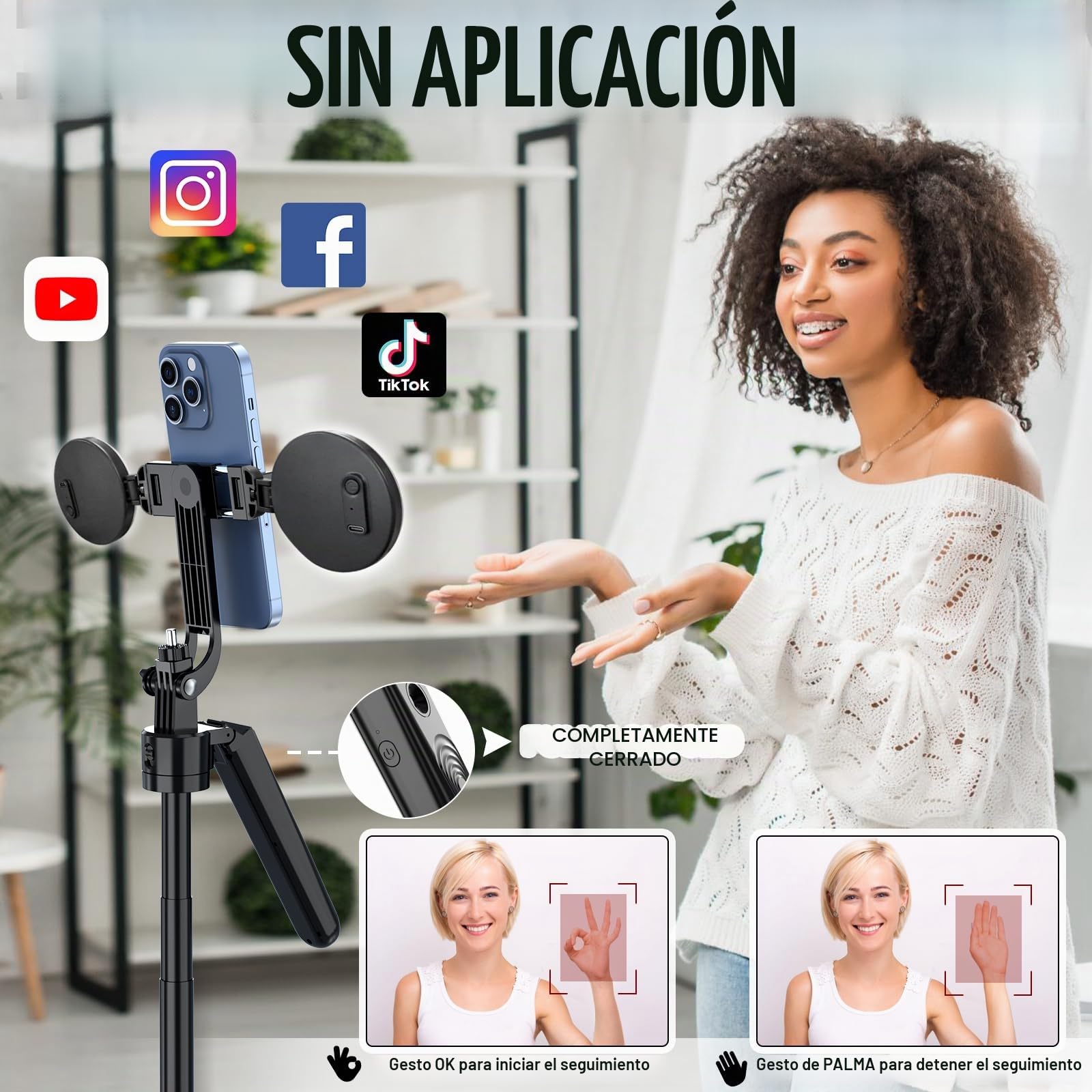 Tripode Facial Automático Seguimiento con Luz,180cm Palo Selfie para movil de 360 Grados,Tripode Soporte iPhone y Android para teléfono móvil para Viajes,vlogging