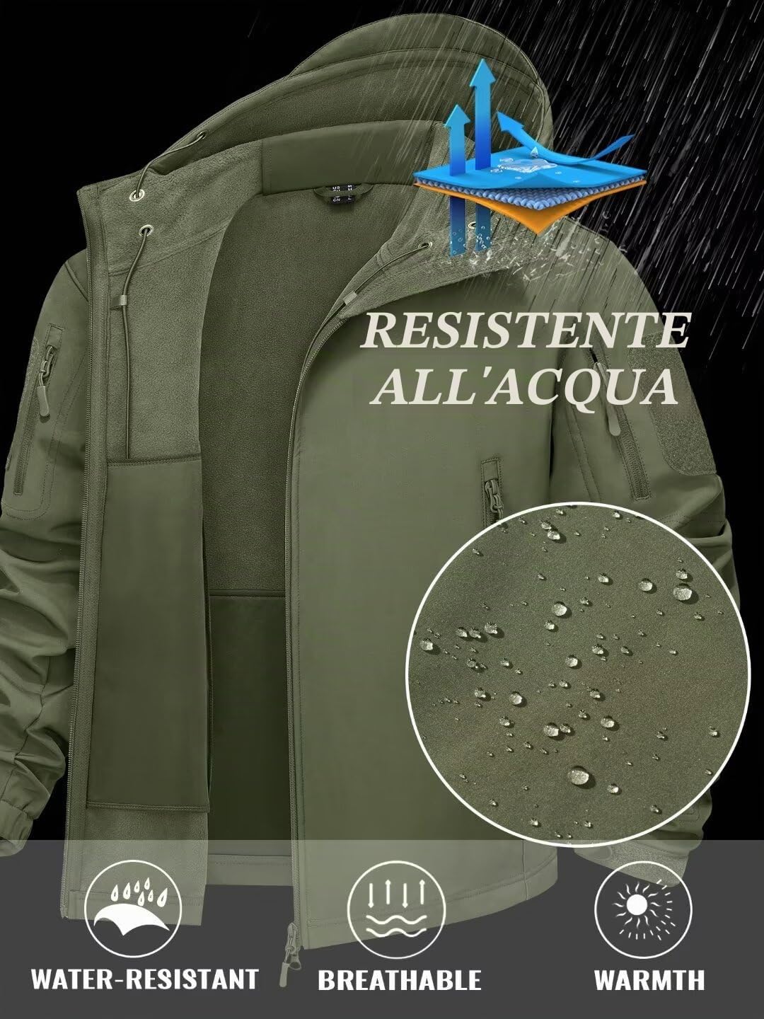 KEFITEVD Uomini Impermeabile Tattico Pile Giacche Giacca Combattimento Soft Shell Impermeabile Con Cappuccio Pieghevole Rimovibile