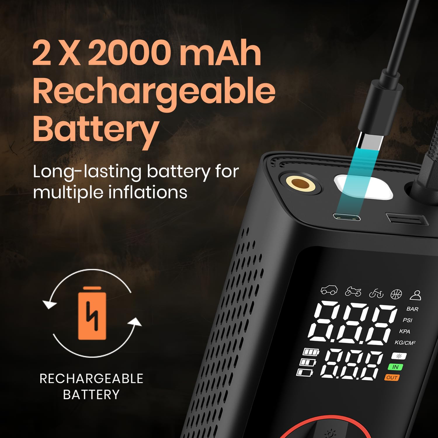 Portronics Vayu 7.0 Tyre Inflator, Full-Size Digital Display, 4000 mAh Battery, 150 PSI Pressure, Preset Modes, Flashlight with SOS, Pressure Detection, for Cars, Bikes, Bicycles & Balls(Black) - Image 2 thumbnail