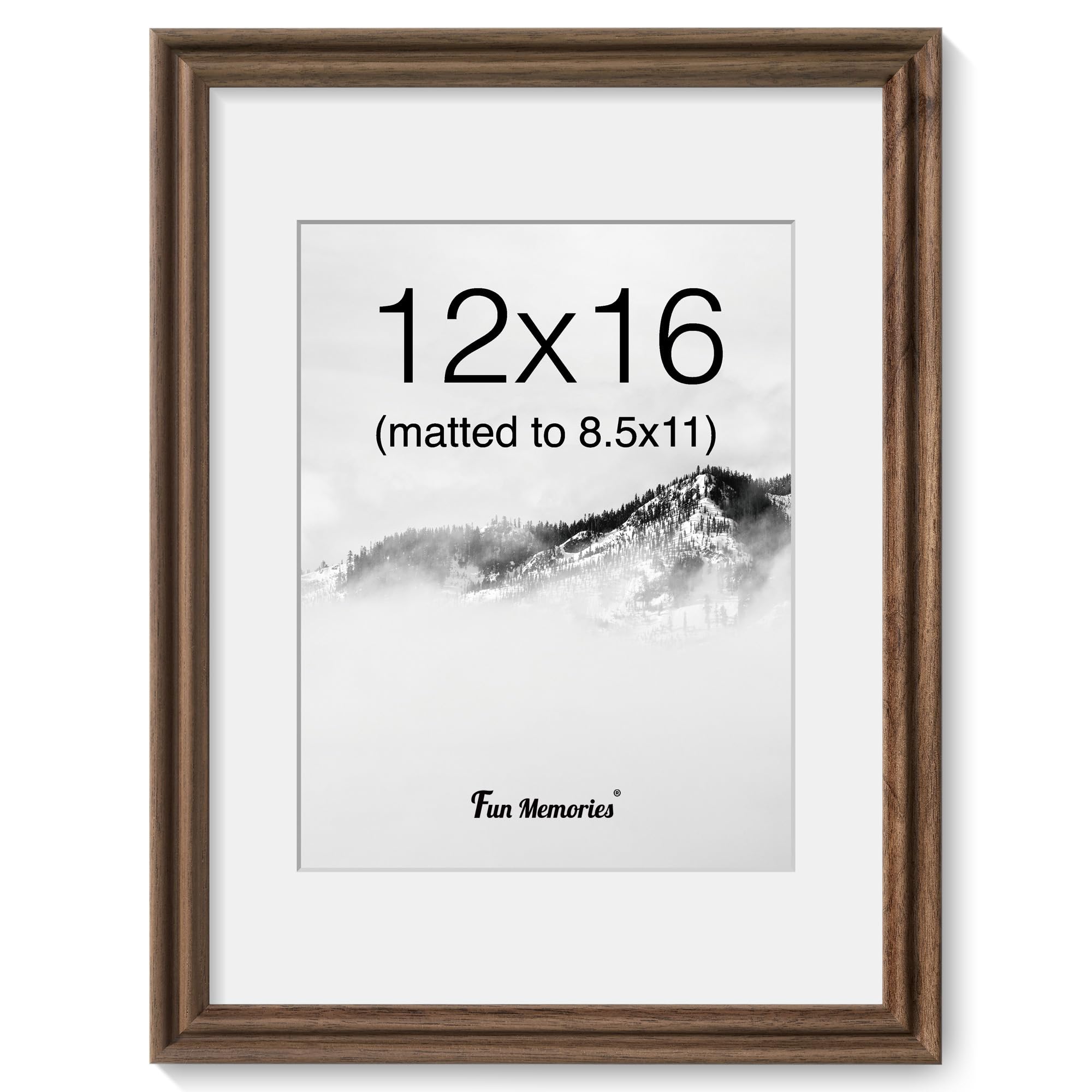 12x16 Picture Frame, USA-Sourced Walnut Wood Picture Frame 12 x 16, Photo Frame with High Tempered Glass, 12 by 16 Wooden Frame Matted to 8.5x11 Photo Wall Mounted, 1 Pack