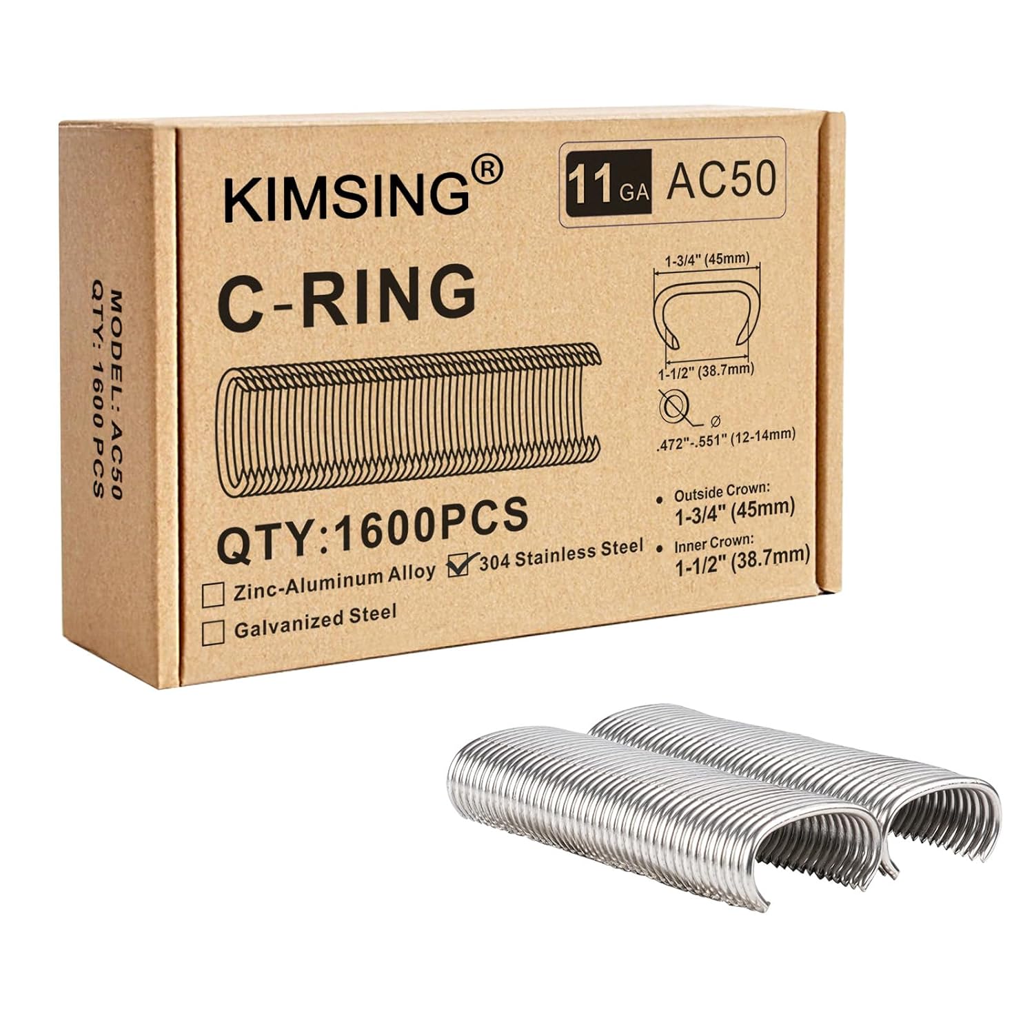 KIMSING 11 Gauge 304 Stainless Steel Hog Ring Staples 1600 Pcs/Box