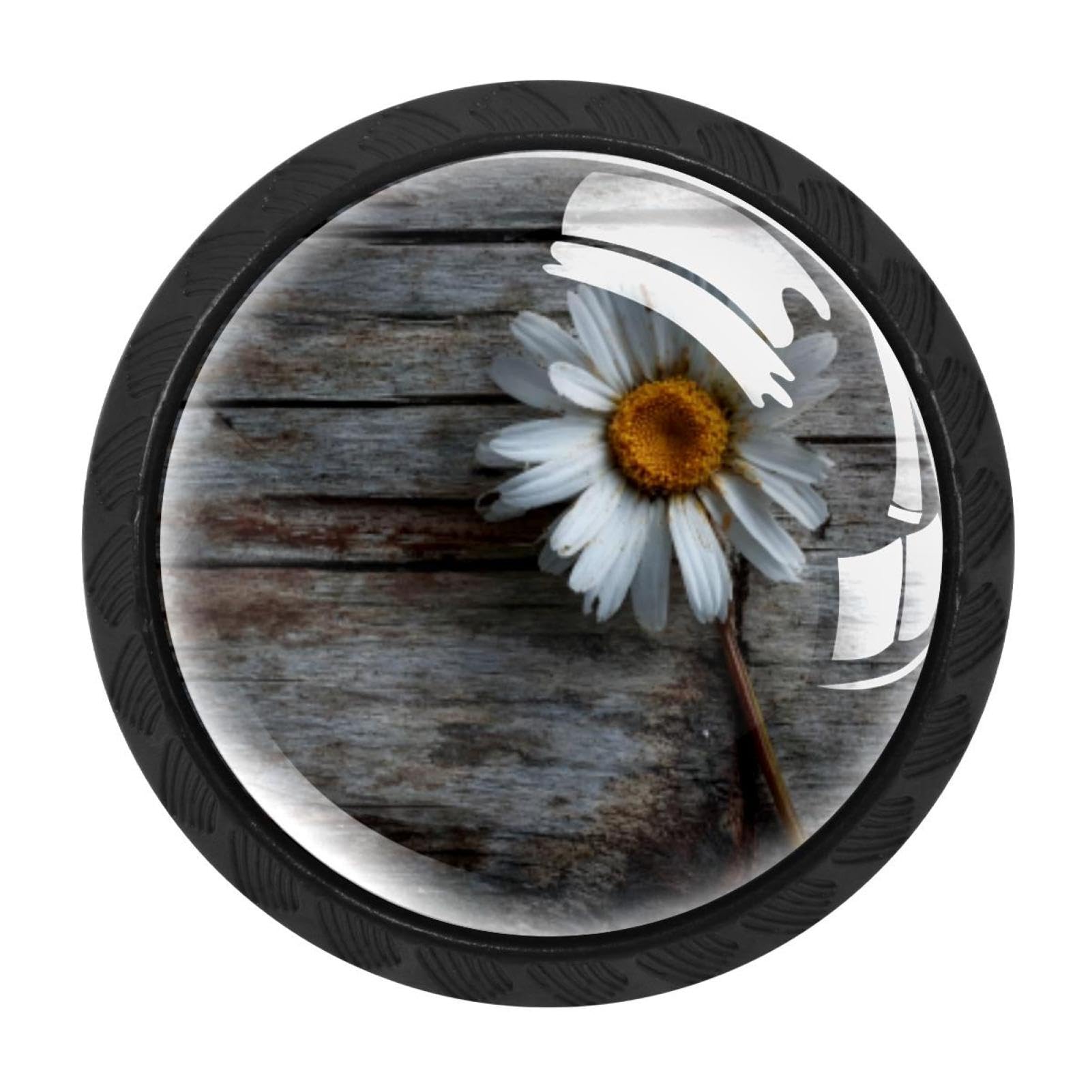CHENZZZZ 4 Pack Daisy on Old Wooden (1) Dresser Drawer Cabinet Knobs Black Round Drawer Knob Pull Handle with Screws for Kitchen Wardrobe Cupboard Furniture Decor