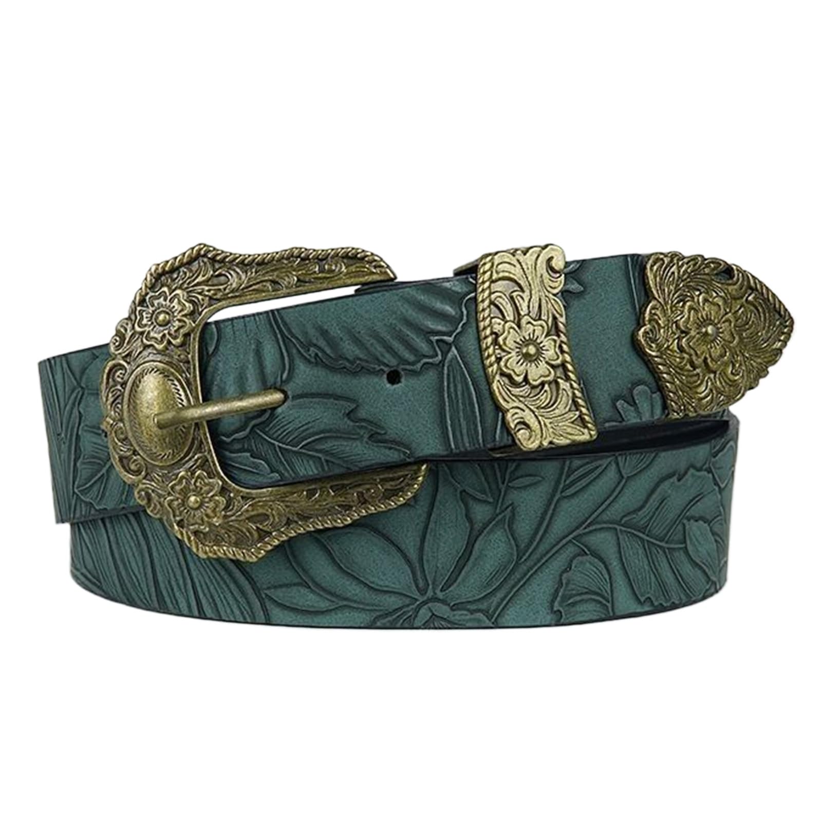 Wrjahcg Women's Green ,110Cm/43.3'',Trendy Floral Western Belts For Cowgirl Cowboy Country Belt With Silver Carved Gold Buckle