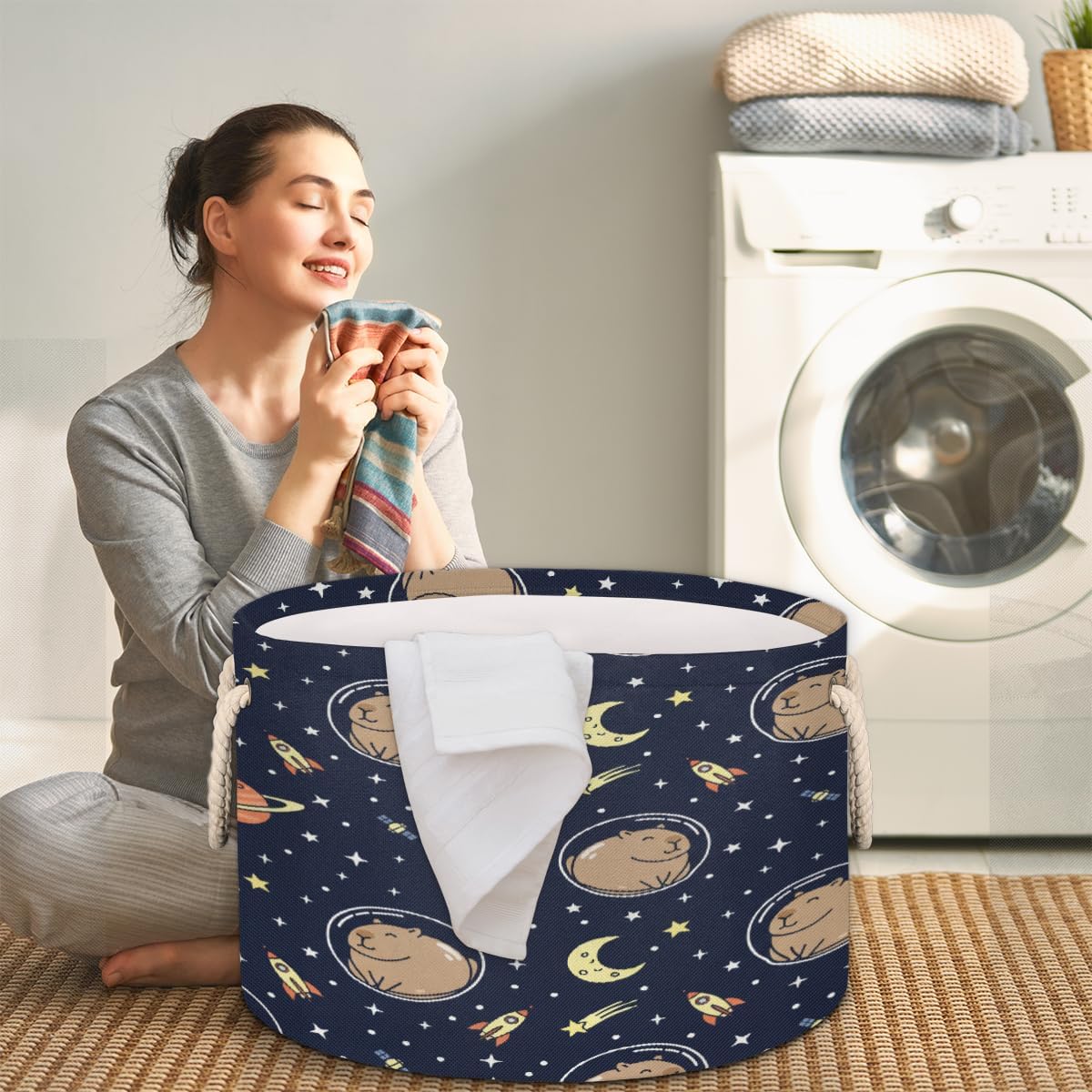 Large Storage Baskets - Space Capybara Astronaut Nursery Round Collapsible Organizer Bin Box, Laundry Hamper for Kids Toys, Blanket, Bedroom Living Room Home Decor, Gift Basket, 19.4"x13.3"