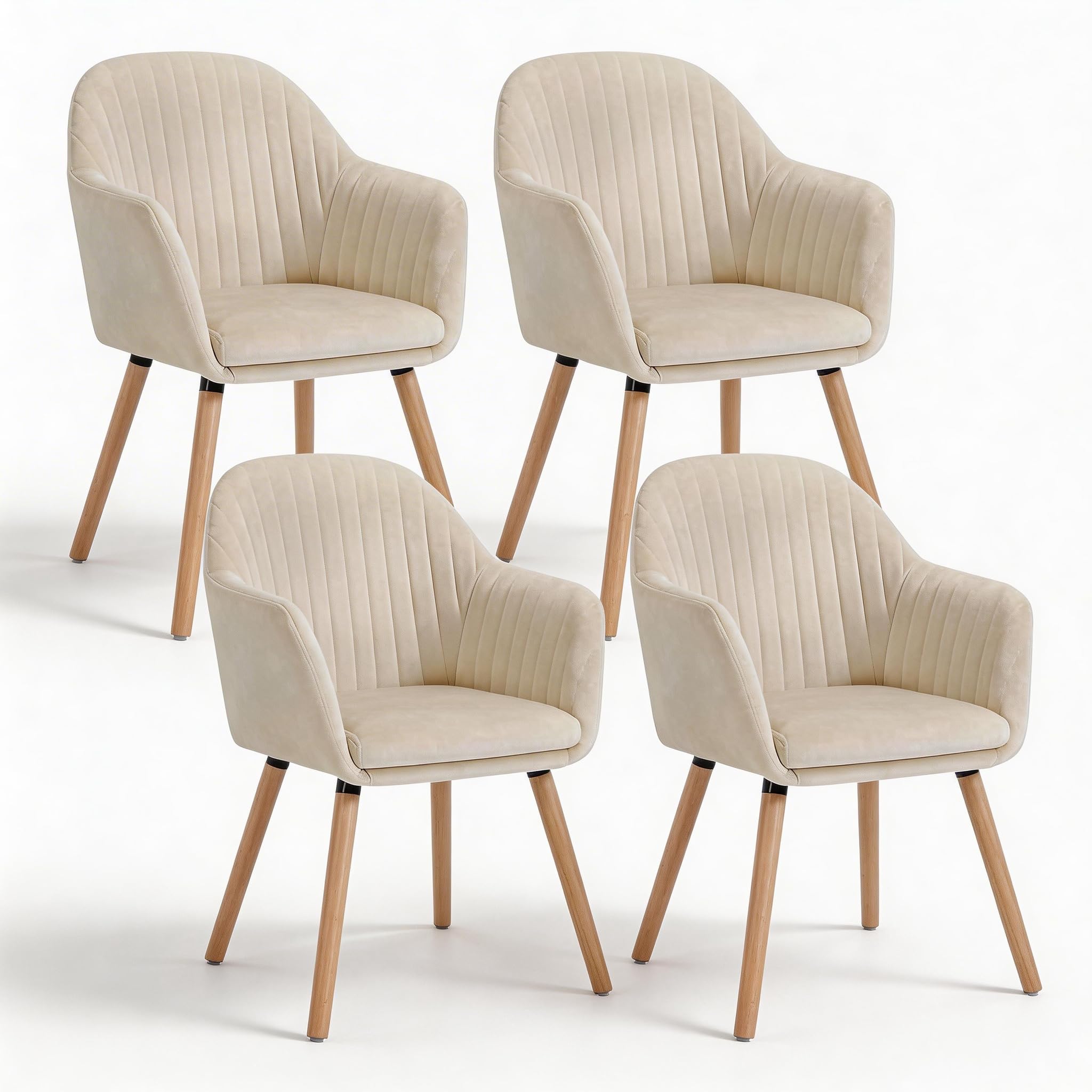 WOLTU Esszimmerstühle 4er Set, für Schlafzimmer Küche Wohnzimmer, Küchenstühle gepolstert mit Armlehne, aus Samt Massivholz, Cremeweiß