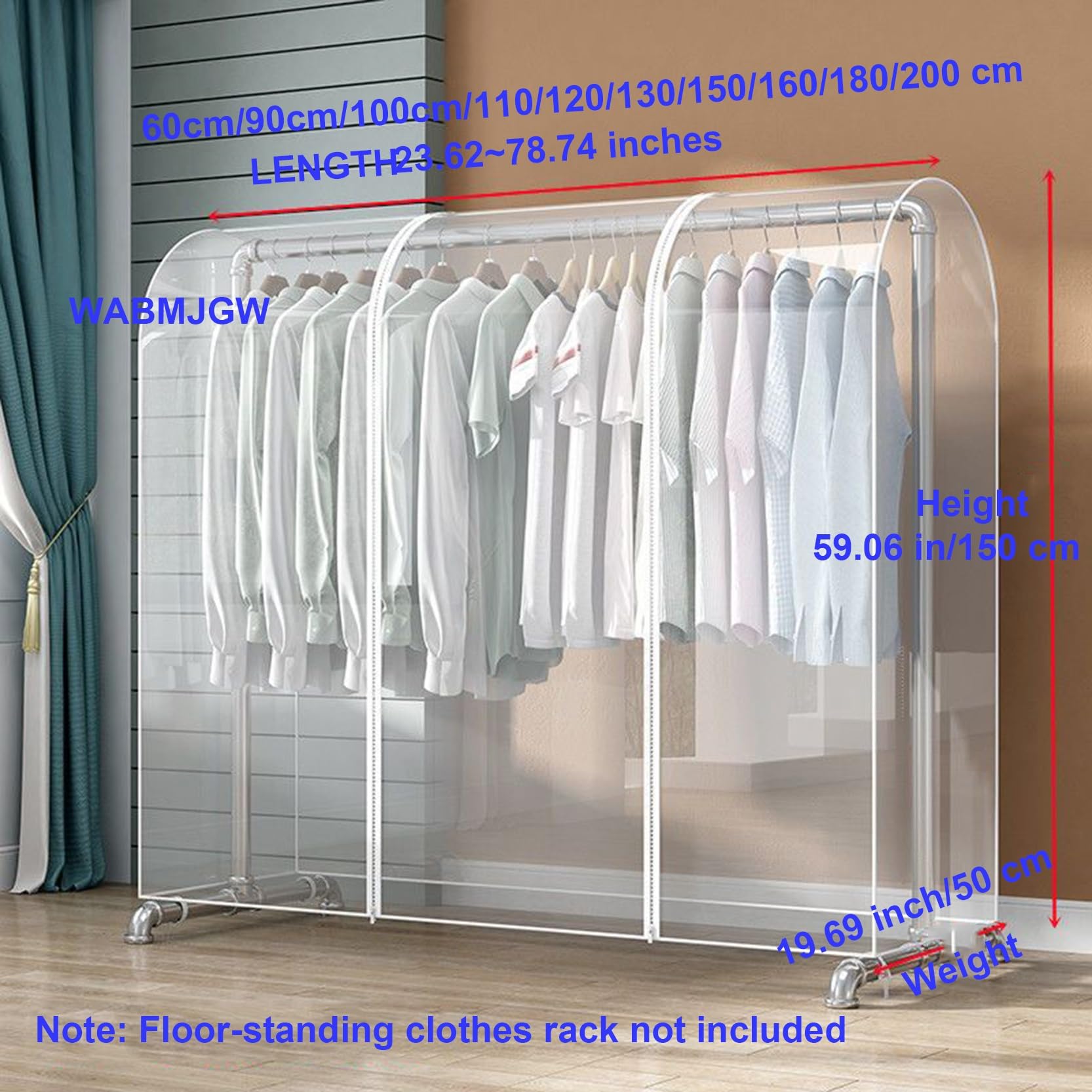 PEVA Staubdichte Kleiderstangen-Abdeckung, wasserdicht, transparent, Kleiderstangenschutz mit Reißverschluss, transparenter Schutzbezug mit Reißverschluss zum Aufhängen von Kleidung