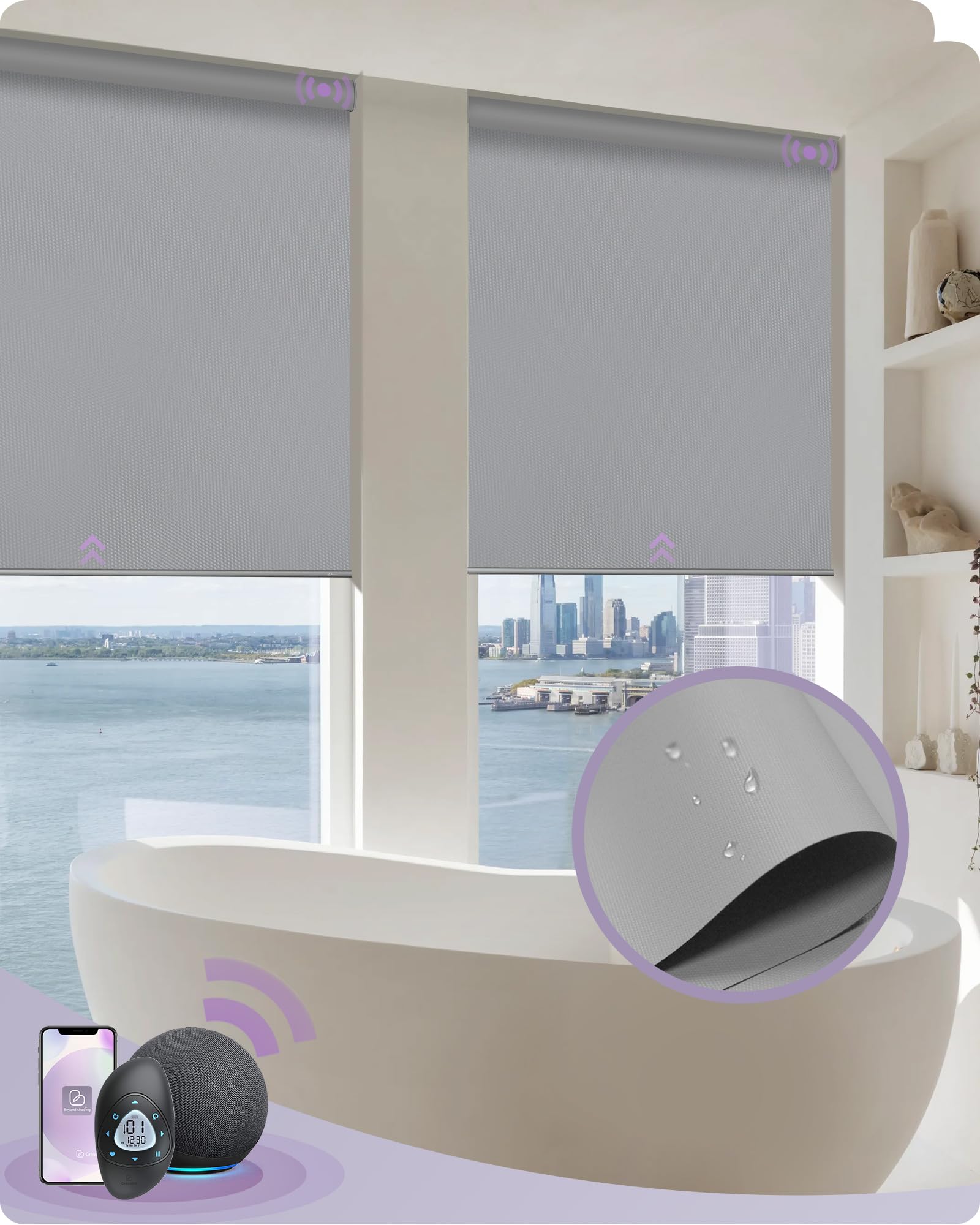 Graywind Smart Blinds Work with Alexa, Waterproof Motorized 100% Blackout Shades with Zigbee Motor, Customized Automatic Electric Window Blinds with Remote Control, Light Grey