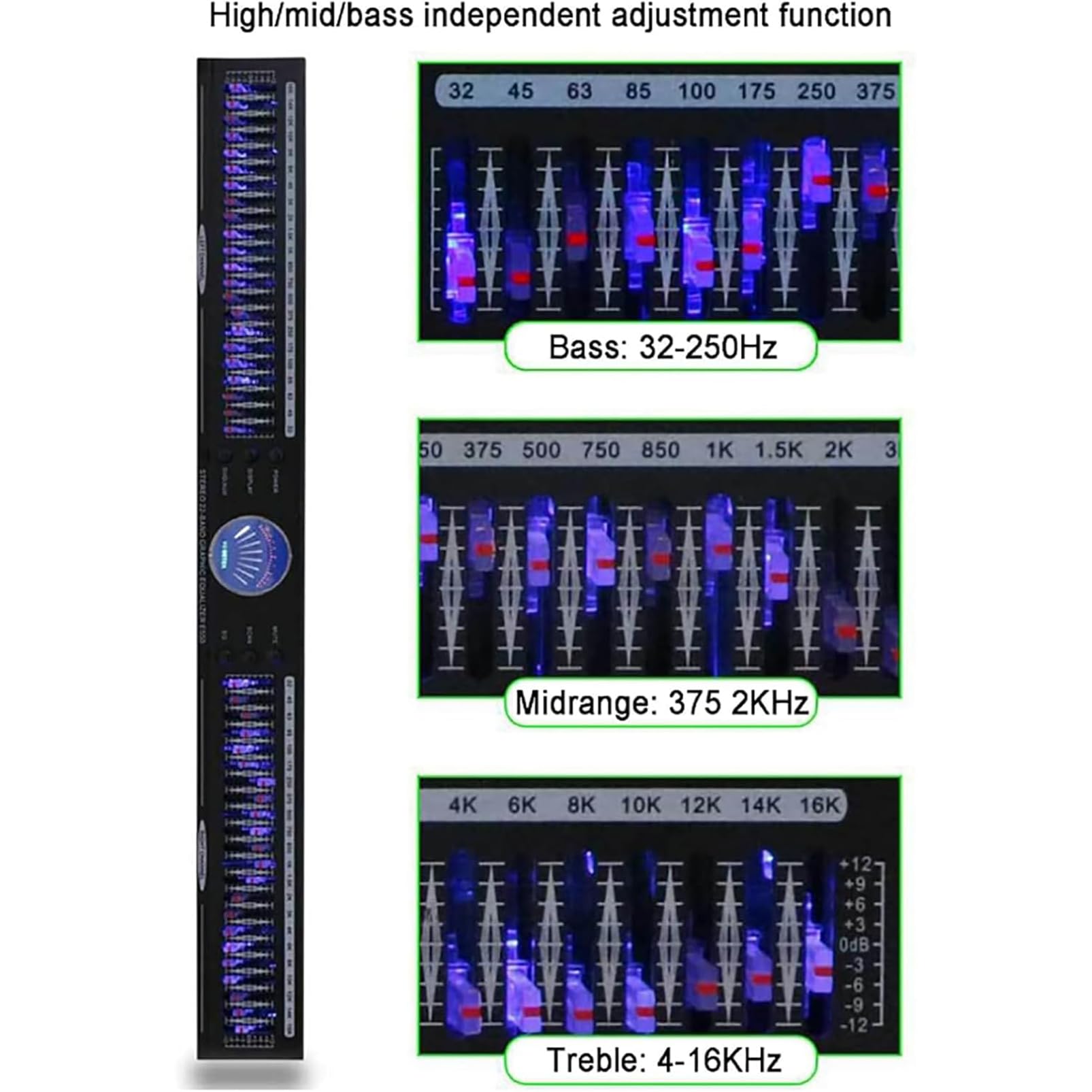Profesjonalny korektor audio, 22-pasmowy korektor graficzny stereo, analizator spektrum muzyki, 10 zaprogramowanych efektów i redukcja szumów, niezależna regulacja niskiej/średniej/wysokich tonów, do