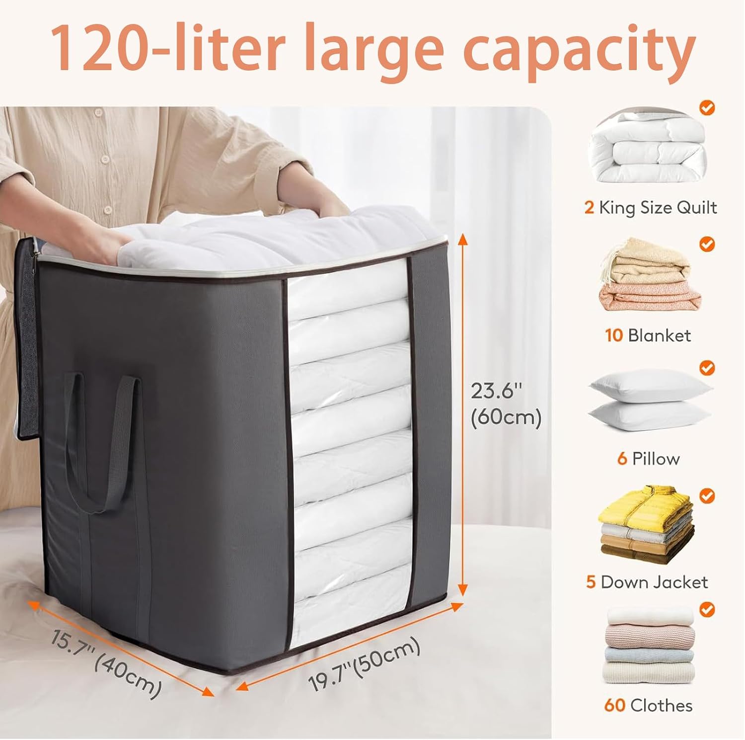 Large blanket storage bag 120L foldable comfortable bed storage with reinforced handle, breathable clothing storage container, suitable for large comfortable bed bedding pillowcases (gray) (1)