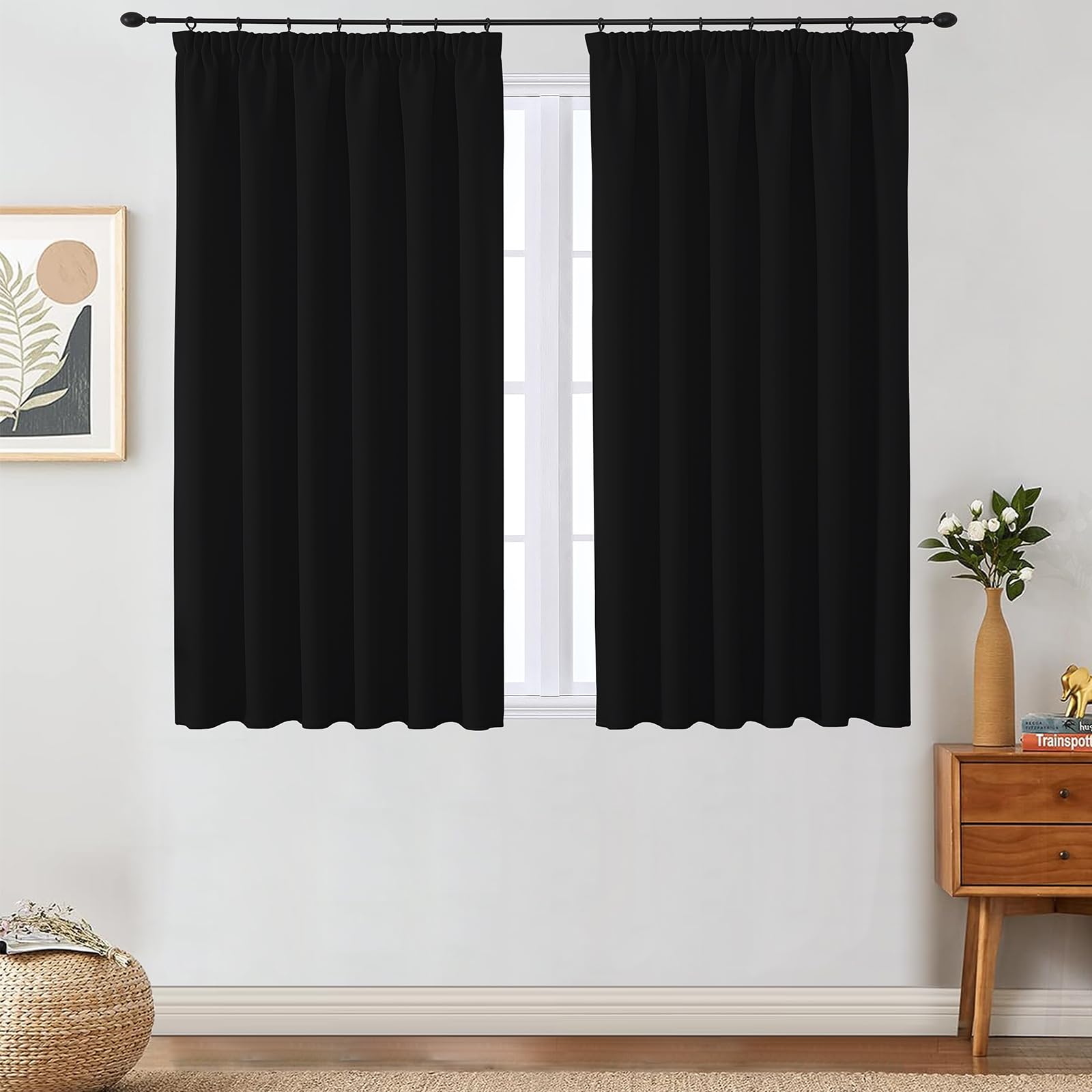 VEHEDE Blackout Curtains for Bedroom – Thermal Insulated Pencil Pleat Curtains, Energy Saving Room Darkening Drapes, W46 x L54 Inch, Black, 2 Panels