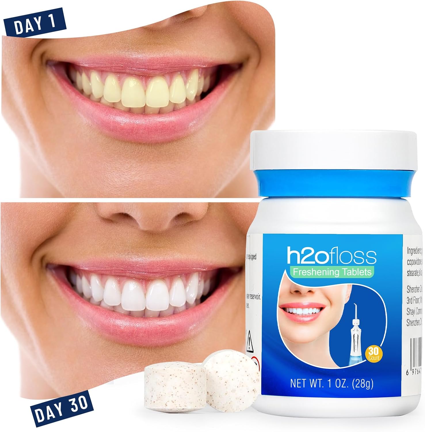 Before and after image showing teeth improvement after 30 days of using H2ofloss freshening tablets.