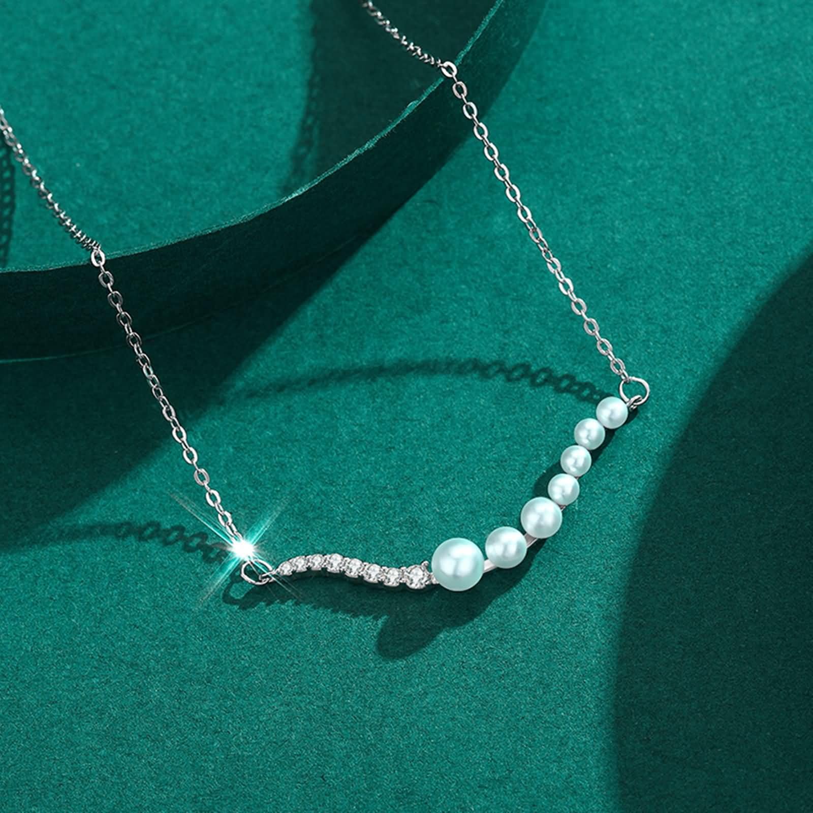 Collar de Oro Blanco 9K / 14K / 18K para Mujer, Líneas Irregulares y Perlas con Moissanita, Collar Colgante Cadena de Plata Mujer