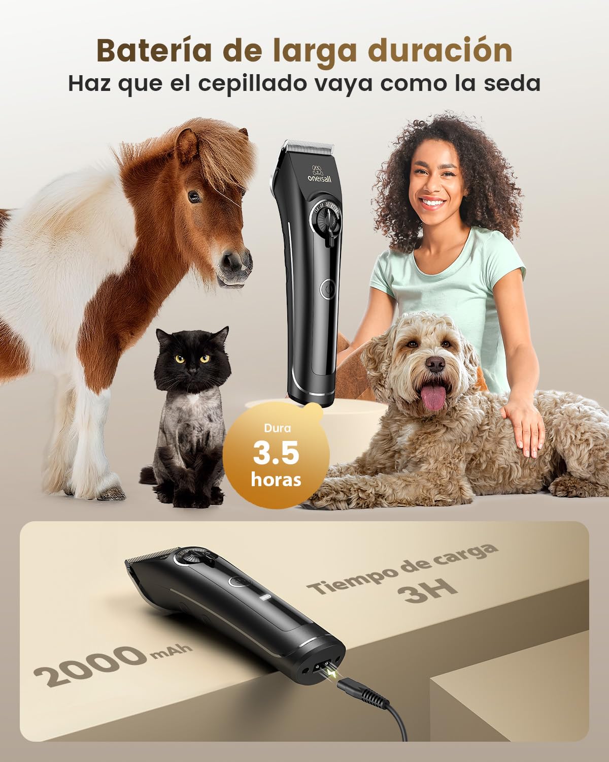 oneisall Maquina Cortar pelo Perros, Caniche Cortapelos Perros pelo Largo, Ultra Silencios Maquina pelar Perros con potente motor, Corta pelo Mascota con cuchillas removibles