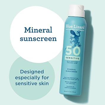 Blue Lizard Sensitive Mineral SPF 50 Spray, Dermatologist-Recommended Brand, Broad-Spectrum UVA/UVB Protection, Water-Resistant, Zinc Oxide Formula, 5 oz