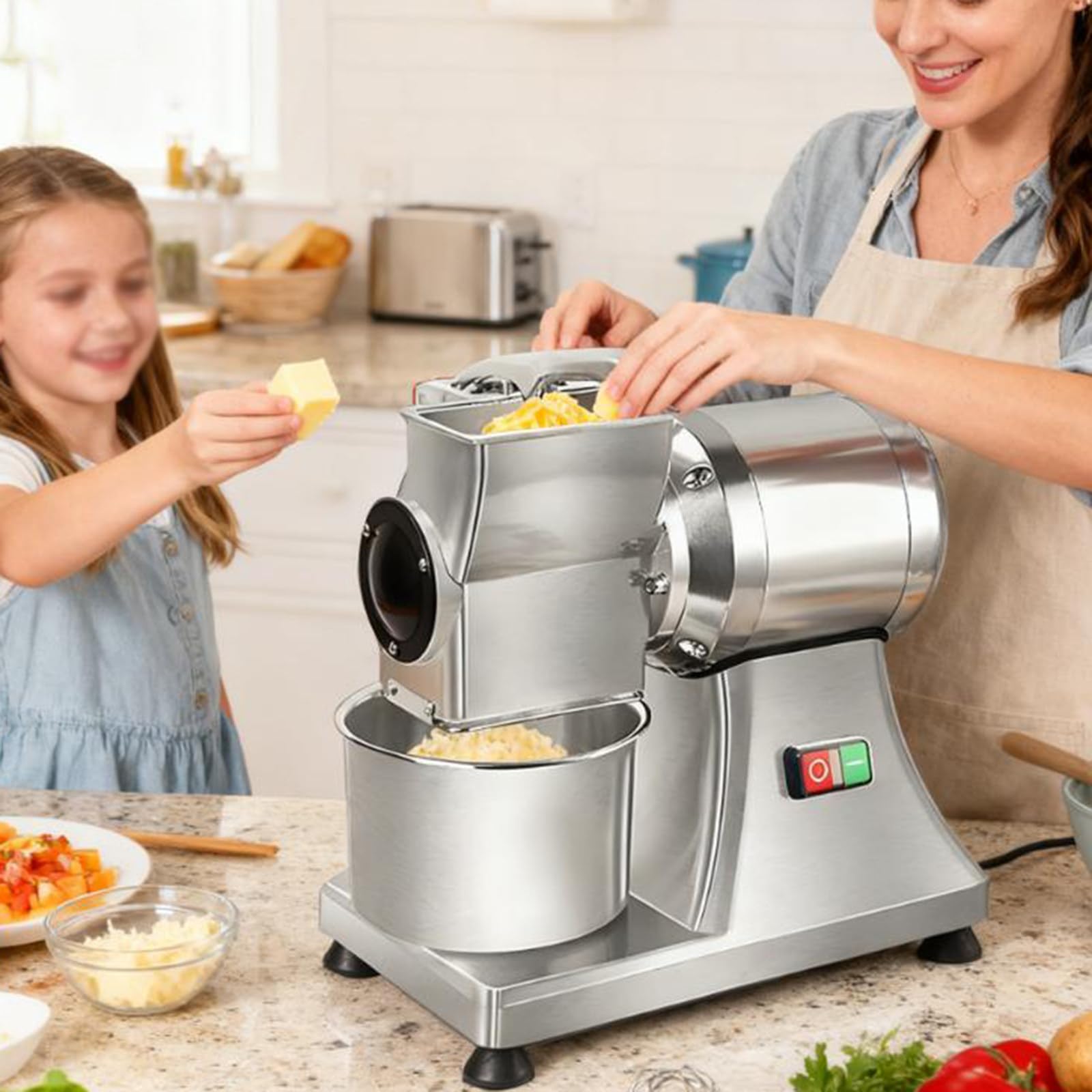 Rallador eléctrico de queso – Molinillo automático de acero inoxidable de 550 W para queso, frutas y verduras con contenedor, capacidad de 88 libras/h