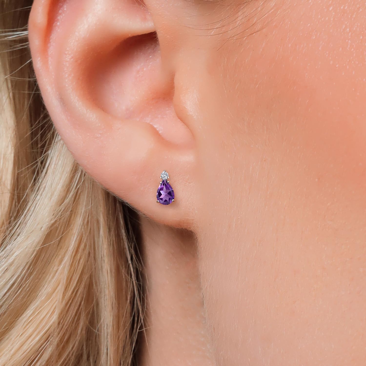 Gem Stone King 14K White Gold Purple Amethyst and Lab Grown Diamond Stud Earrings for Women | 0.76 Cttw | Gemstone February Birthstone | Pear Shape 6X4MM - Image 3