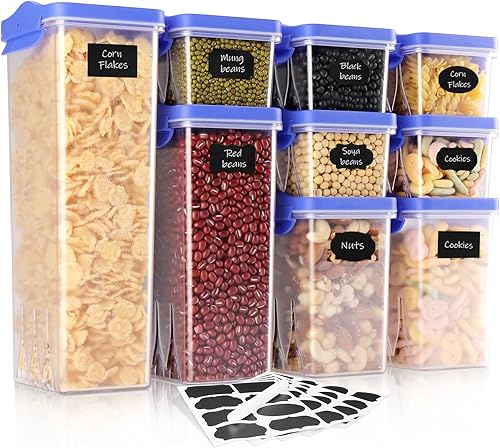HOMER Contenedores herméticos de almacenamiento de alimentos con tapas azules, contenedores de almacenamiento herméticos de plástico para despensa,