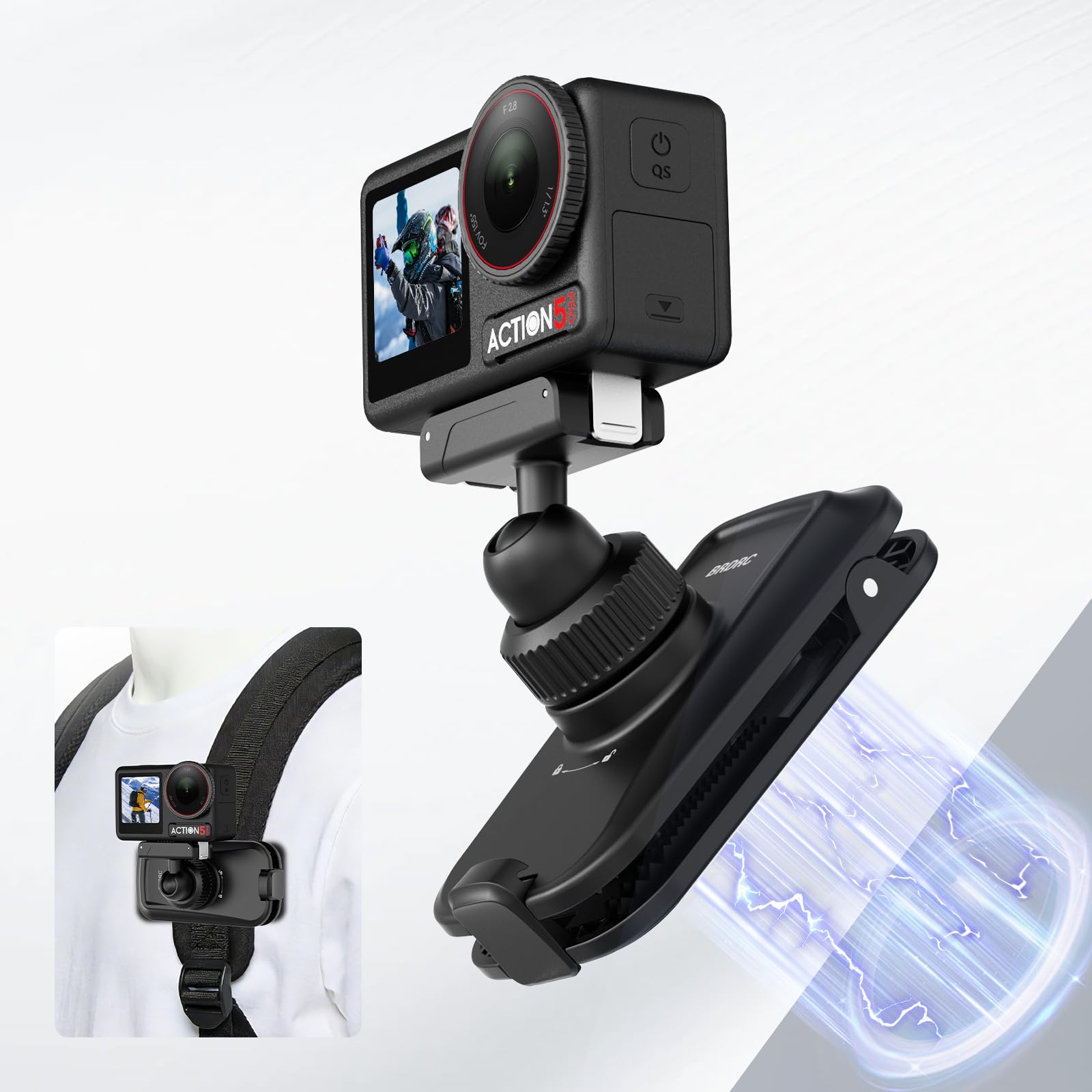 BRDRC Magnetyczny klips do plecaka z szybkim zapięciem, obracany o 360° pasek na ramię uchwyt do DJI Osmo Action 5 Pro/4/3/360, przenośny uchwyt na torbę, akcesoria do kamer akcji