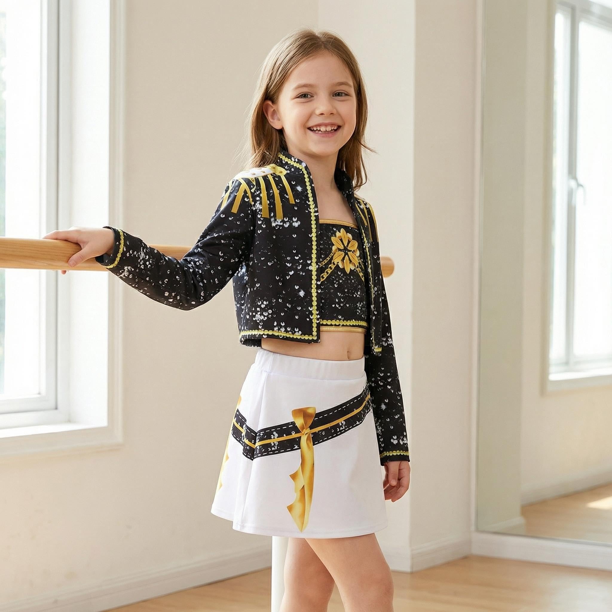 Girls Costume Set, Kpop Black Gold Stage Outfit Set Corps Performance Accessories — view 2