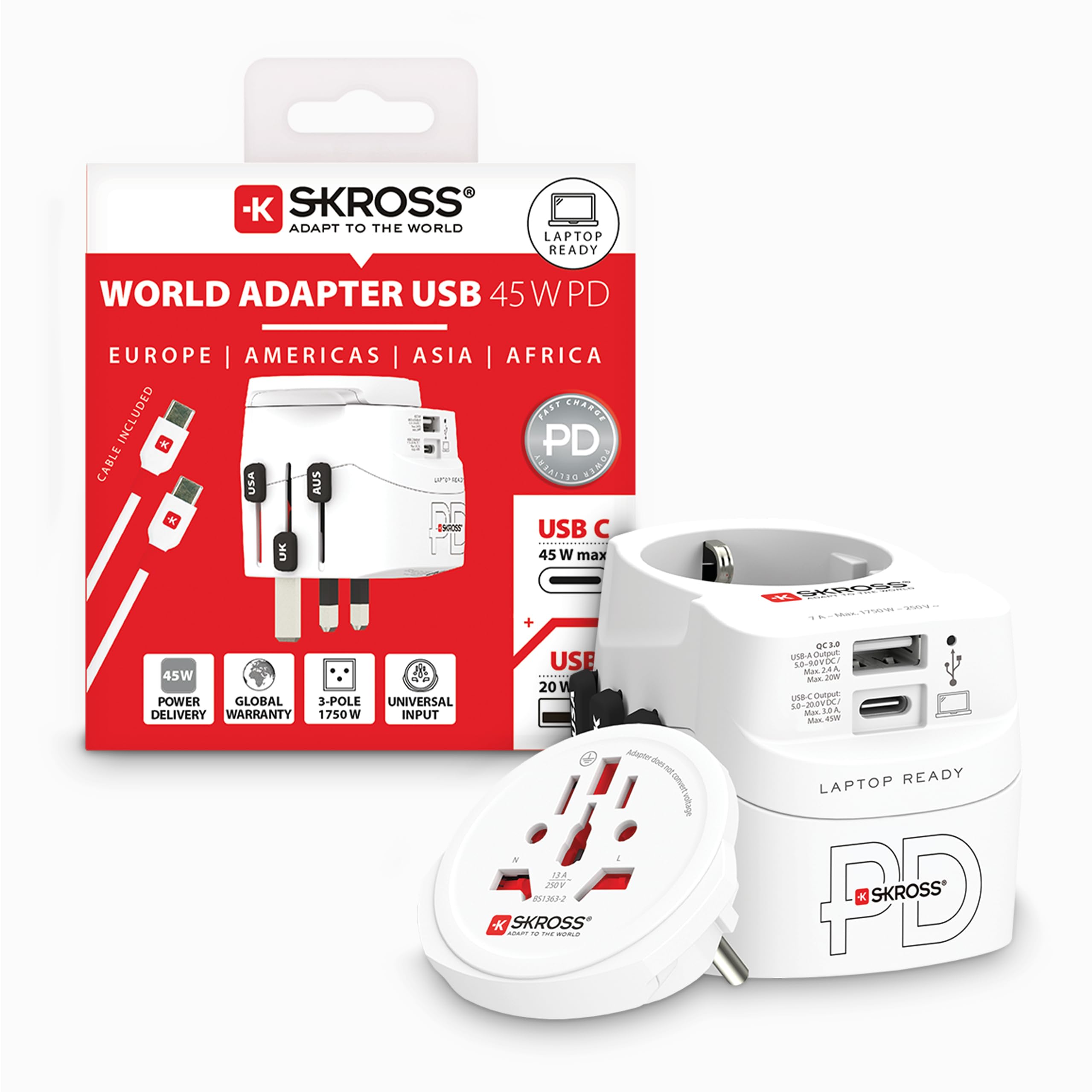 SKROSS - Pro Light AC45PD - Adattatore Universale da Viaggio da e per il Mondo Con 2 Prese USB Type A e Type C - Fast Charge da 45W - Tensione e Potenza : 100 V AC – 700 W / 250 V – 1750 W