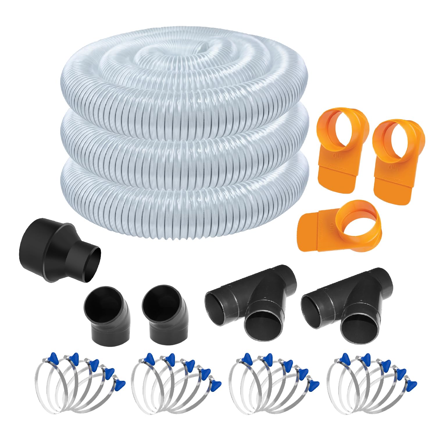 POWERTEC 70430 PVC-Staubsammelschlauch, flexibel, transparent, mit 10,2 cm bis 6,4 cm Schlauchkegel-Reduzierstück und 10,2 cm Armaturen-Set mit Anschlüssen, Strahltoren und Schlüssel-Schlauchschellen