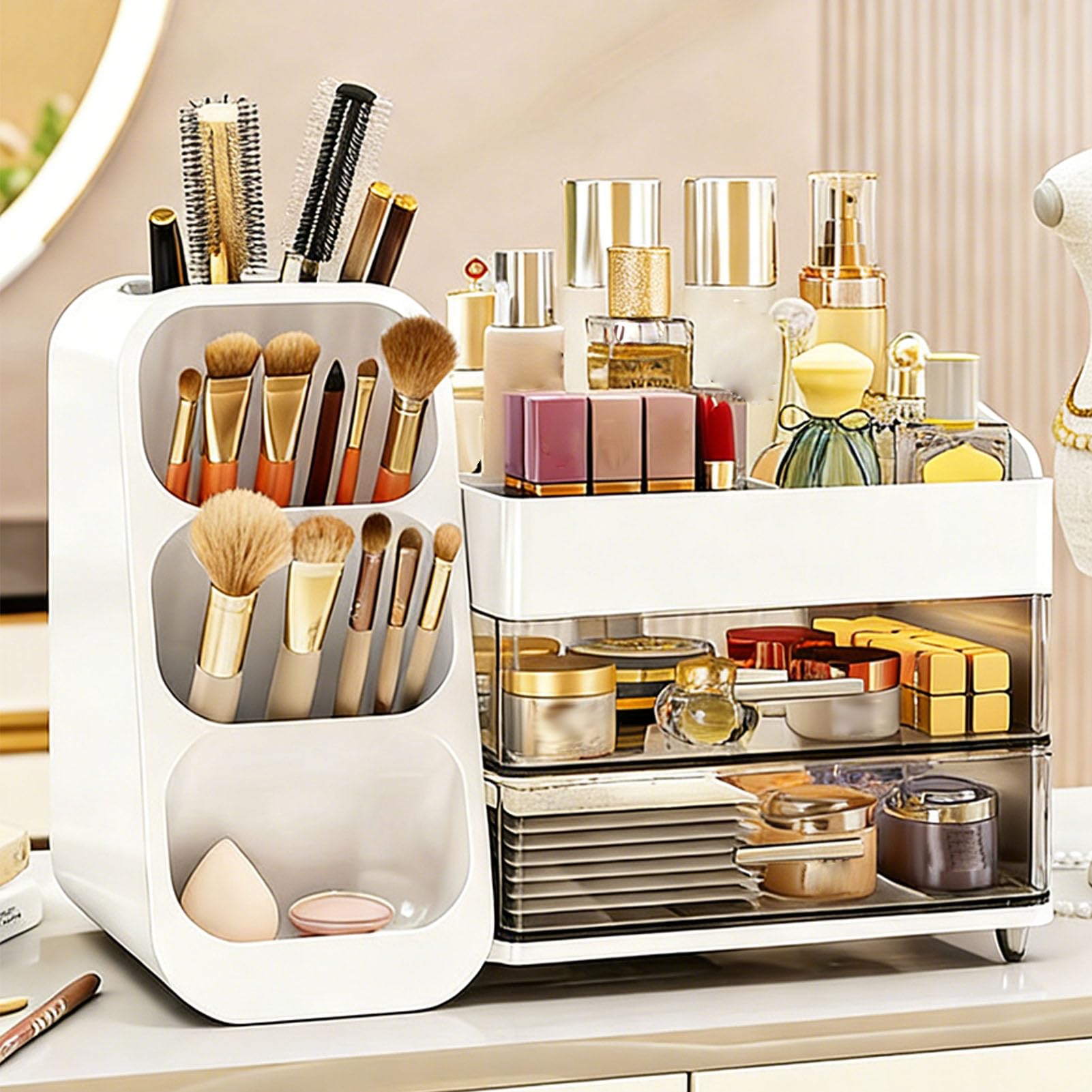 Organizer per Trucchi, Vetrina per Cosmetici in Plastica con Cassetti Trasparenti e Piedini Antiscivolo per il Ripiano del Bagno e la Scrivania Dell'ufficio (WHITE)