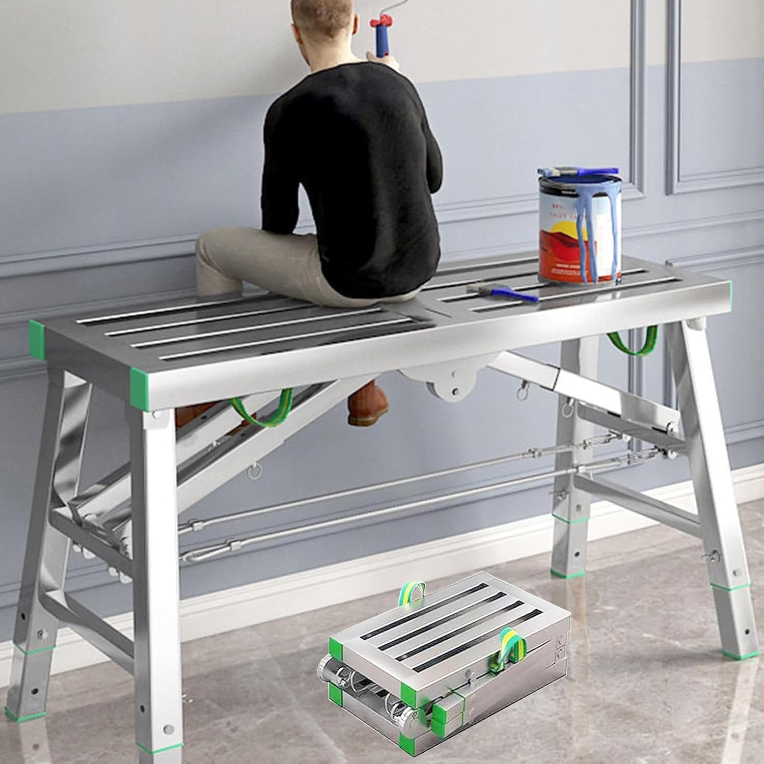 Banco da lavoro portatile pieghevole con piattaforma per ponteggi, altezza regolabile, carico massimo 362,9 kg, resistente multiuso per pulizia, riparazione, decorazione