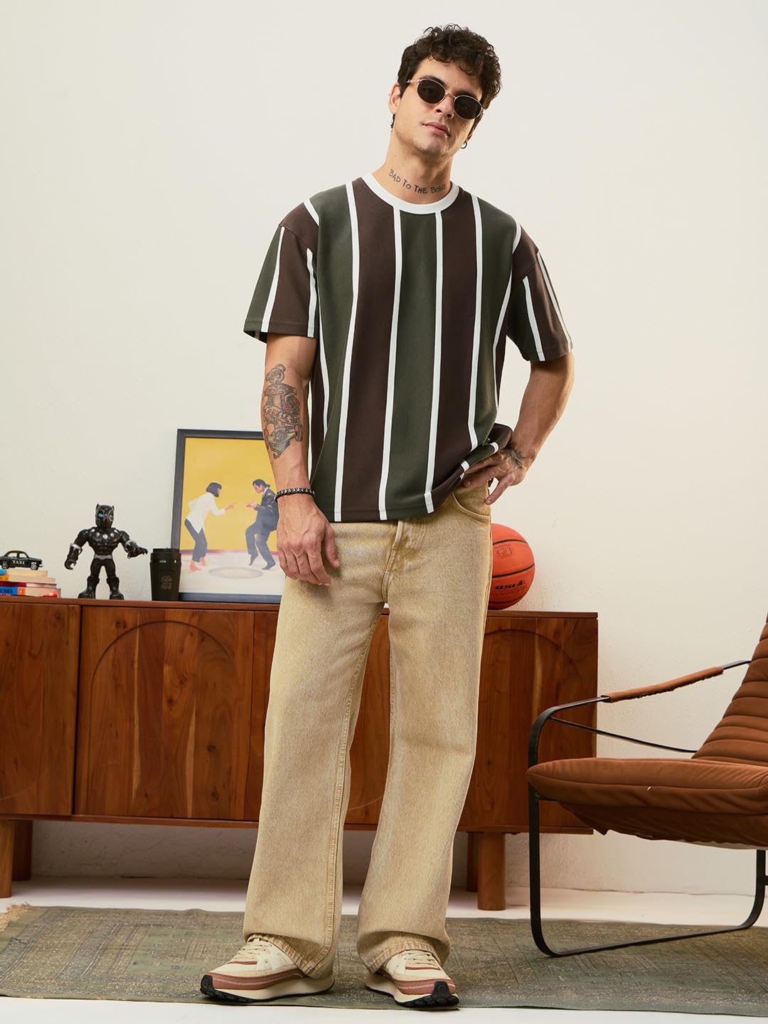 The Souled Store Maglietta a righe: Olive Branch Uomini e Ragazzi Maniche Corte Girocollo Marrone Oliva A Righe Stile Retrò Casual Leggero Spalla Scesa Streetwear Trendy Oversize T-shirt