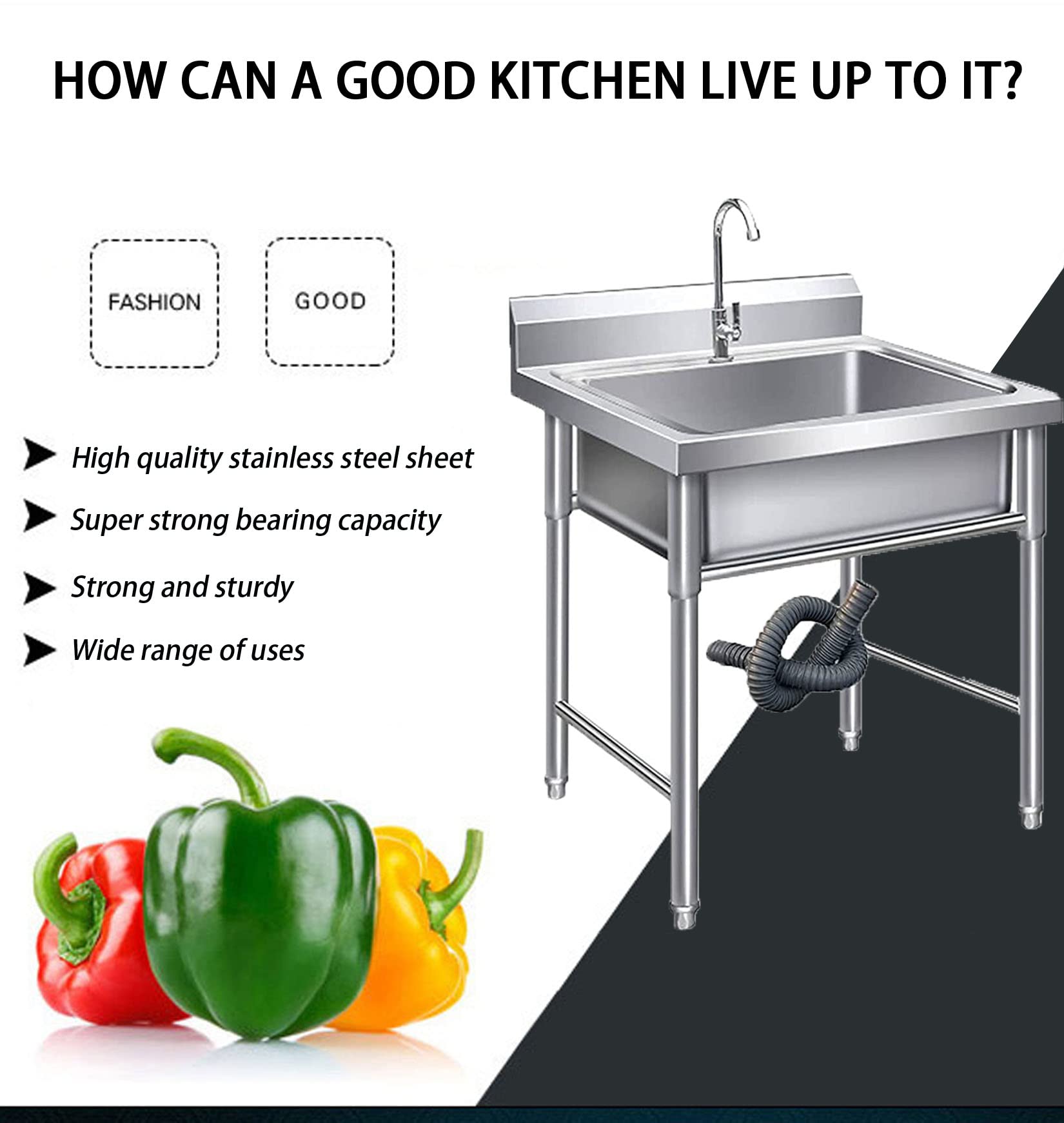 Lavavajillas Individual Deo Inoxidable para Hostelería con Grifo, Soporte Y Deflector, Altura de Las Patas Ajustable (50 Cm/60 Cm)./50 * 50 * 80 cm