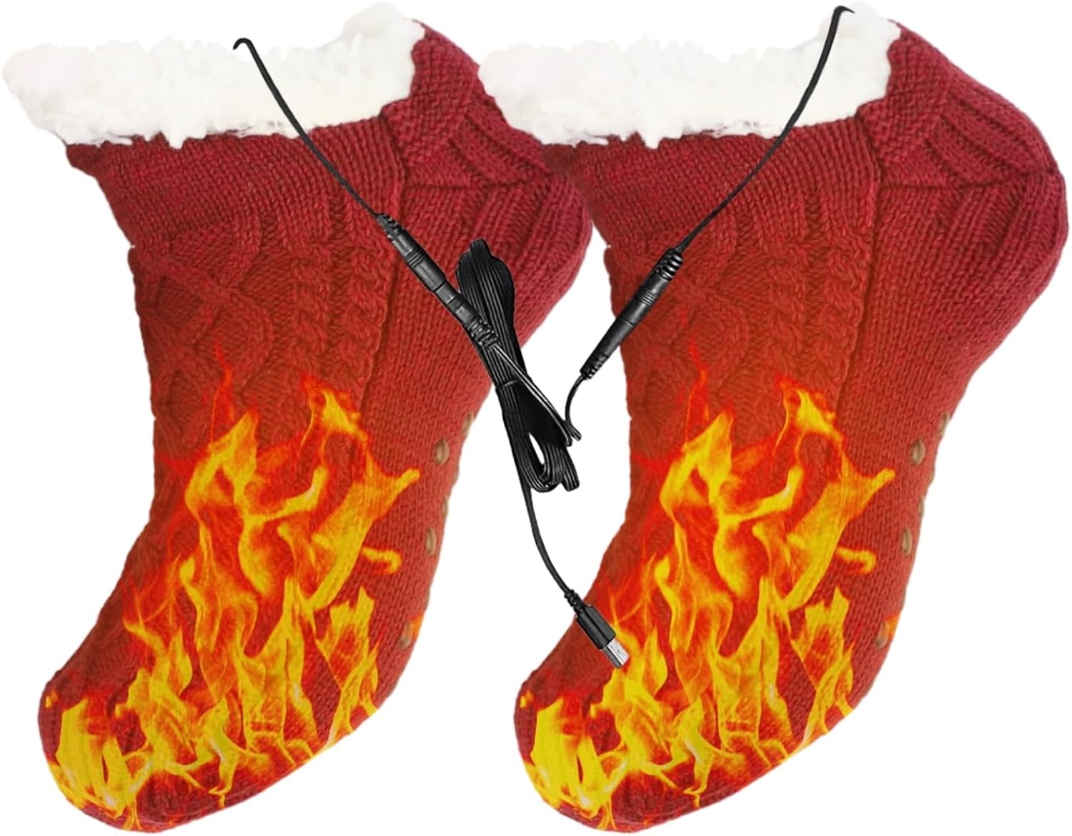 USB Heated Socks for Men Women, 5V Winter Foot Warmer, Knitted Thermal Fleece Socks, Non-Slip Sole, Indoor Xmas Present