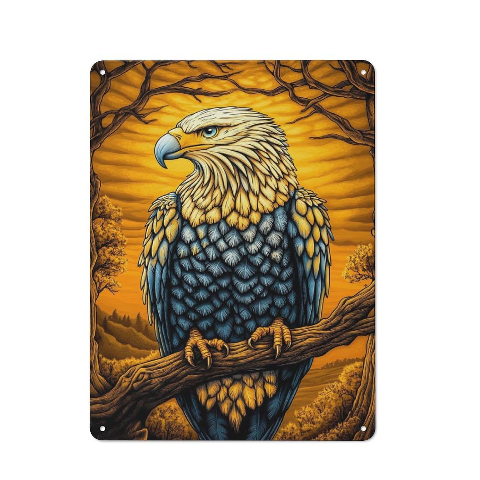 Junmoney Style-18 Decorative Metal Sign With Eagle In Golden Sunset Design 40X30cm, Cosy Cafe Wall Decor For Kitchen, Cafe, Pantry Or Dining Room