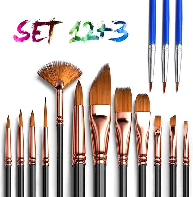 Paint Brushes 15 Pack for Oil Painting and Watercolor, Professional Artist Painting Brush Set for Oil,Acrylic,Canvas, Gouache,Includes Fine Detail Paint Brush 3 Pcs for Fine Detailing Painting