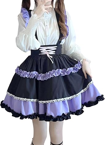 Women Kawaii Lolita Tiered Skirt with Suspenders Teens Japanese Cute Lace Ruffle Flared Mini Goth Princess Skirts