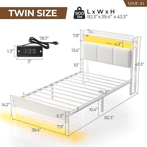 Miniatura 69 de Rolanstar Base de cama tamaño individual con estación de carga y luces LED, cabecera de piel sintética con estantes de almacenamiento, listones de